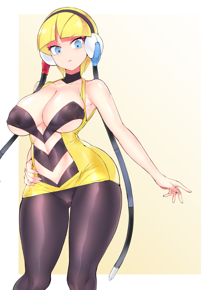 1girls, blonde hair, blue eyes, breasts, elesa (pokemon bw), elesa (pokemon), female, female only, game freak, gradient background, gym leader, hisui (stapspats), medium breasts, nintendo, pokemon, pokemon bw, see-through clothes, solo, white border, yellow background, yellow theme