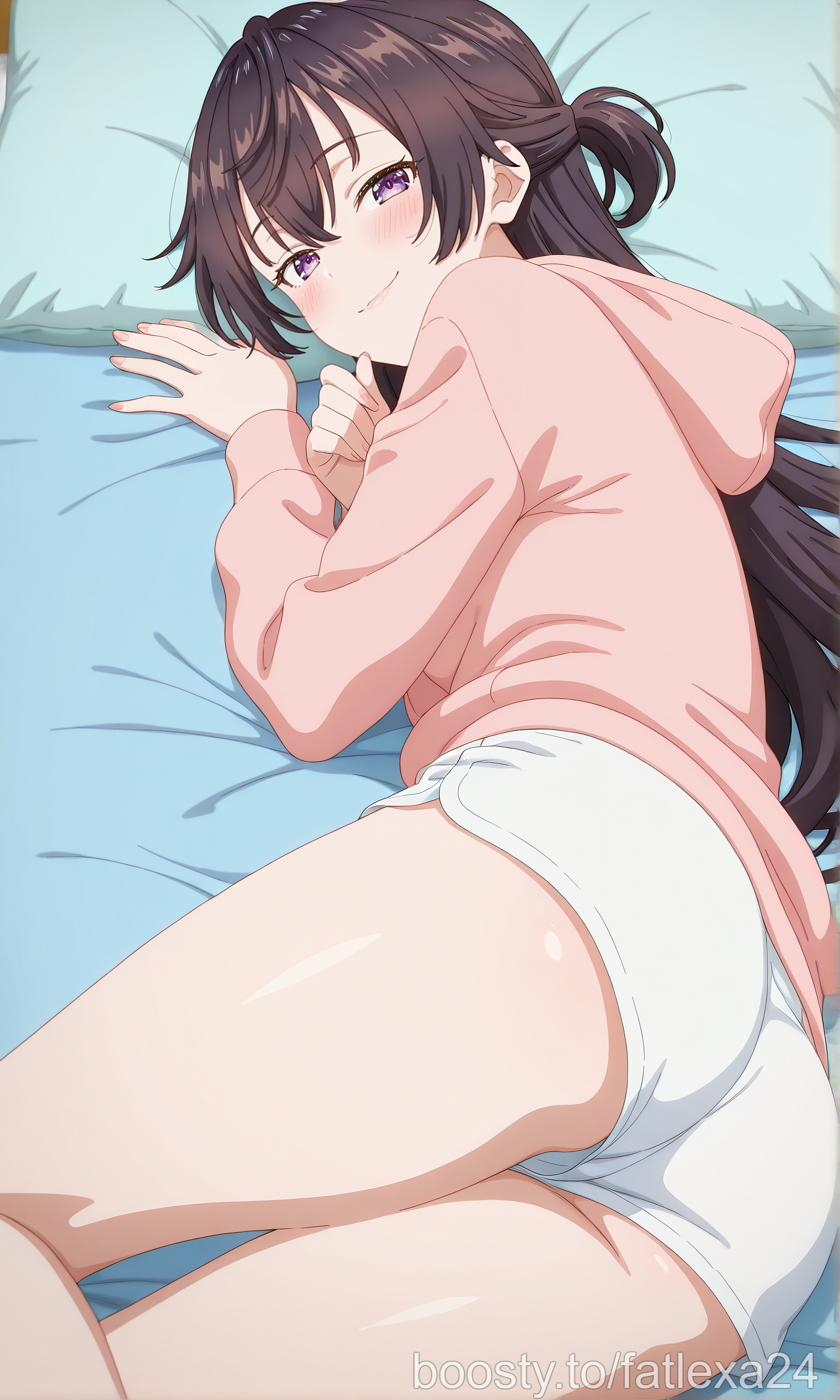 ai generated, ass, blush, brown hair, female, hoodie, looking at viewer, lying, lying on side, purple eyes, shorts, smile, suou yuki, thighs, tokidoki bosotto russian de dereru tonari no alya-san