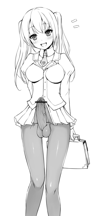 1futa, bag, balls, balls under clothes, blush, bottomless skirt, breasts, censored, erection, erection under clothes, erection under pantyhose, erection under skirt, futa only, futanari, has uncensored version, intersex, large breasts, large penis, long hair, mofuringu, monochrome, necktie, no panties, pantyhose, penis, penis out, penis under clothes, penis under pantyhose, penis under skirt, skirt, solo, tenting, testicles, tie, tied hair, twintails, white background