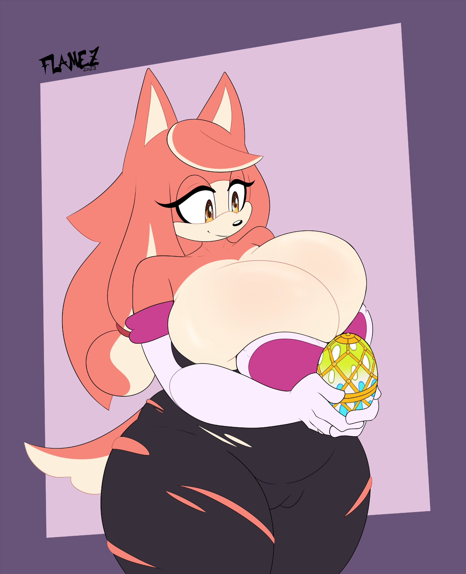 breasts, conductor's wife (sonic), female, flamez, flora (sonic), furry, huge breasts, rouge the bat (cosplay), sega, sonic (series), torn clothes