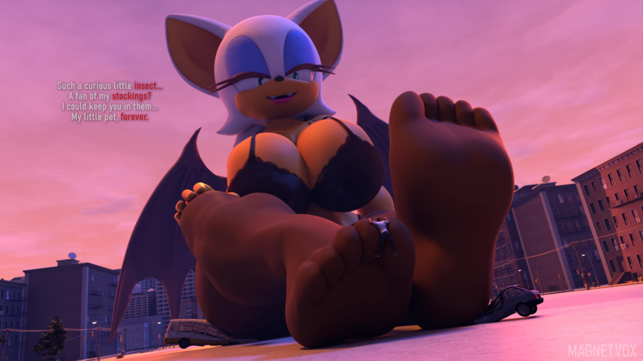 1boy, 3d, 3d model, anthro, anthro female, anthro only, big breasts, bra, breasts, city, feet, female, foot focus, furry, furry female, giant female, giant woman, giantess, kabalmystic, magnetvox, male, mobian, mobian (species), mobian bat, nylons, rouge the bat, rouge the bat (kabalmystic), sega, sonic (series), sonic adventure 2, sonic the hedgehog (series), stockings, text