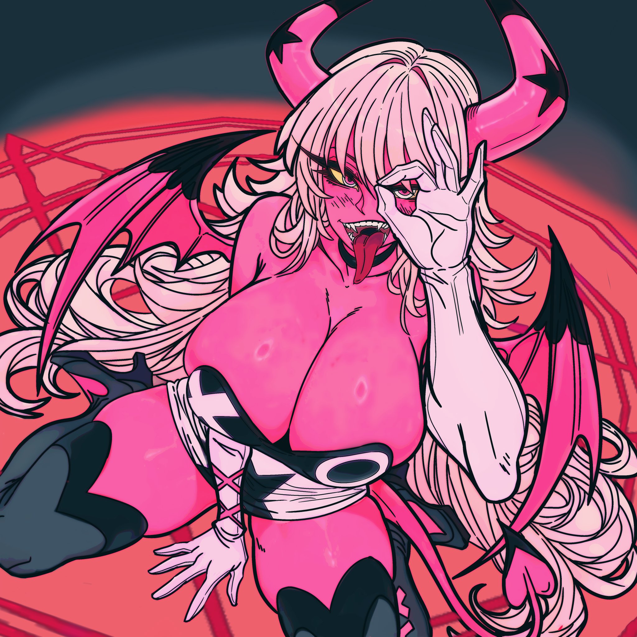 1girls, bare shoulders, bare thighs, big breasts, breasts, clothed, clothing, color, demon, demon girl, female, female focus, female only, helluva boss, hi res, kneeling, large breasts, long hair, looking at viewer, master dcj, open mouth, pink body, pink skin, sharp teeth, solo, solo female, succubus, succubus horns, succubus tail, succubus wings, tagme, thick thighs, tongue, tongue out, verosika mayday (helluva boss)