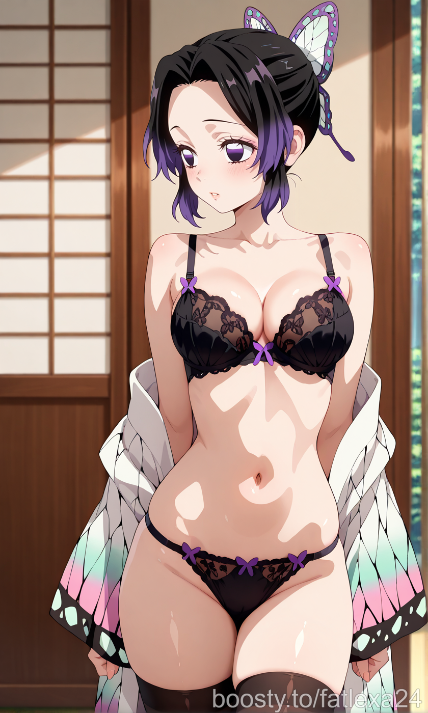 ai, ai generated, bare shoulders, bra, breasts, cleavage, collarbone, female, fit female, haori, kochou shinobu, lace-trimmed bra, lace-trimmed panties, navel, panties, parted lips, purple eyes, stockings, thighs, underwear