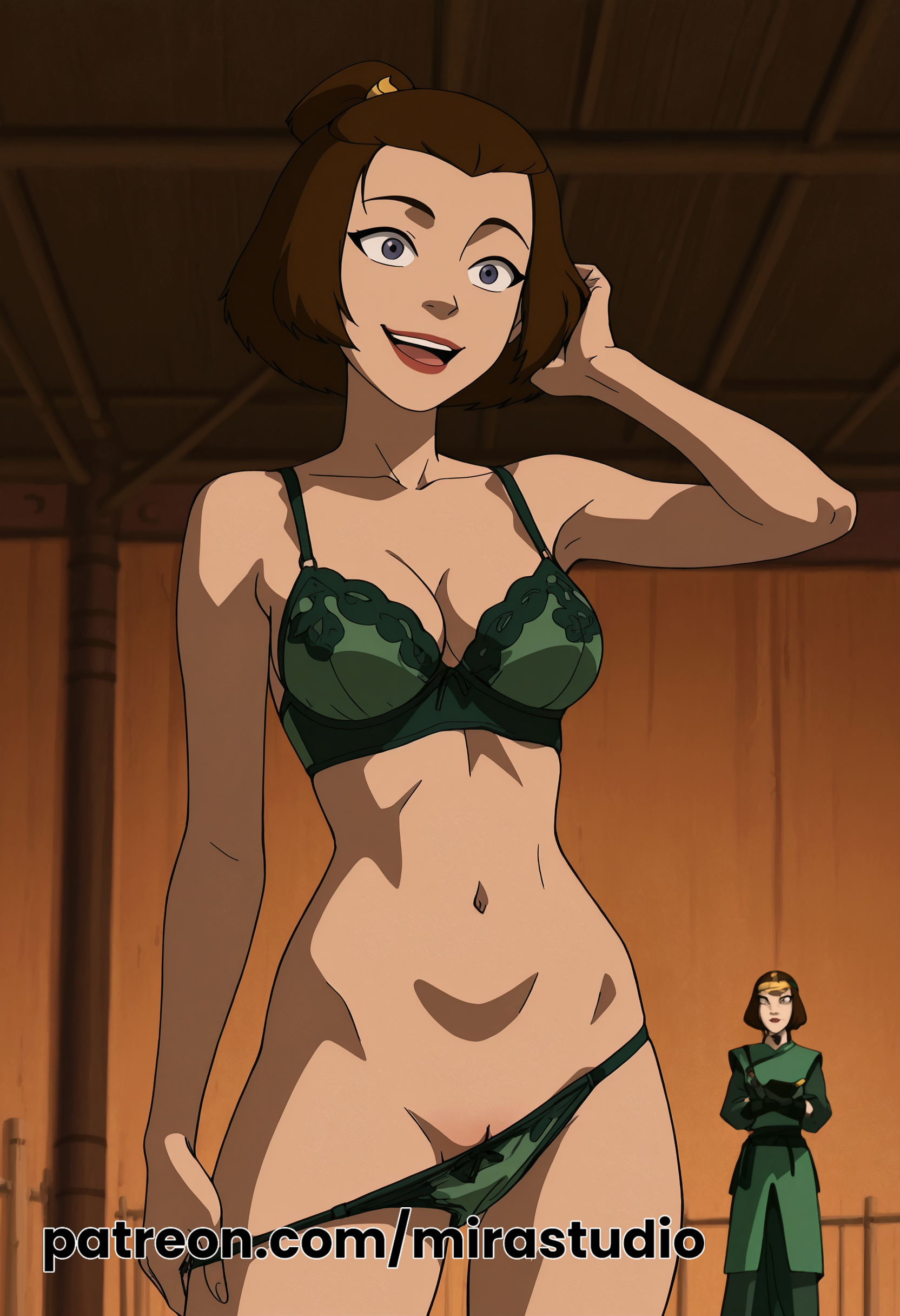 ai generated, avatar the last airbender, brown hair, bun, cartoon, cartoon character, fair skin, female, lingerie, mirastudio, nickelodeon, panty pull, panty pulled by self, suki