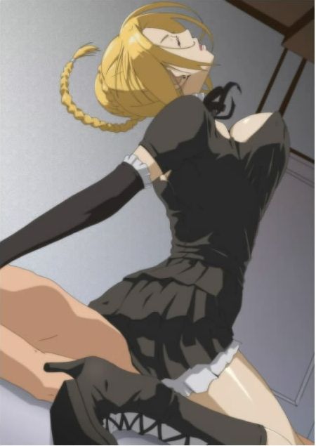 arched back, beelzebub (manga), blonde hair, breasts, closed eyes, clothed female nude male, cowgirl position, female, high heels, hilda (beelzebub), human, large breasts, maid, male, reverse cowgirl position, shoes, straight