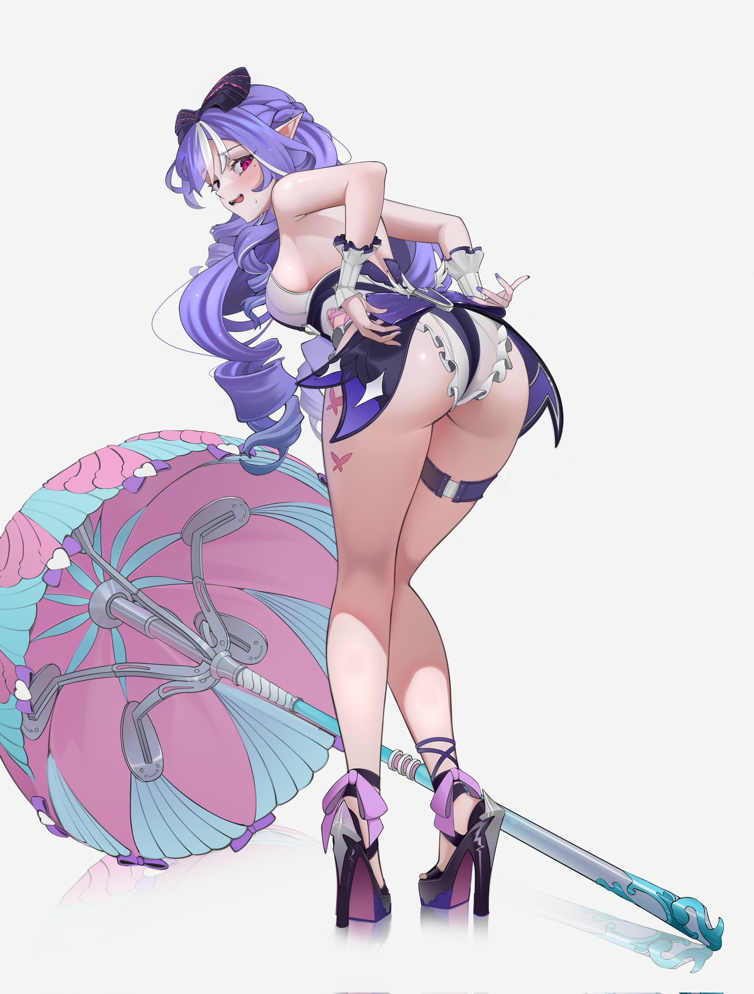 animal print, armpits, ass, back, backless swimsuit, bare shoulders, black bow, black shoes, blush, bow, breasts, butterfly, butterfly print, clothing cutout, commentary, dress swimsuit, drill hair, english commentary, female, female only, footwear ribbon, frilled one-piece swimsuit, frilled wrist cuffs, frills, from behind, hairbow, high heels, highres, hyafumi, long hair, looking at viewer, looking back, mole, mole under eye, multicolored umbrella, official alternate costume, one-piece swimsuit, open clothes, pink umbrella, pointy ears, purple bow, purple hair, purple nails, red eyes, reflection, shoes, sideboob cutout, simple background, solo, sweat, swimsuit, thigh strap, thighs, two-tone one-piece swimsuit, umbrella, vivian (zenless zone zero), vivian banshee, vivian banshee (iris of the shore), white background, wrist cuffs, zenless zone zero