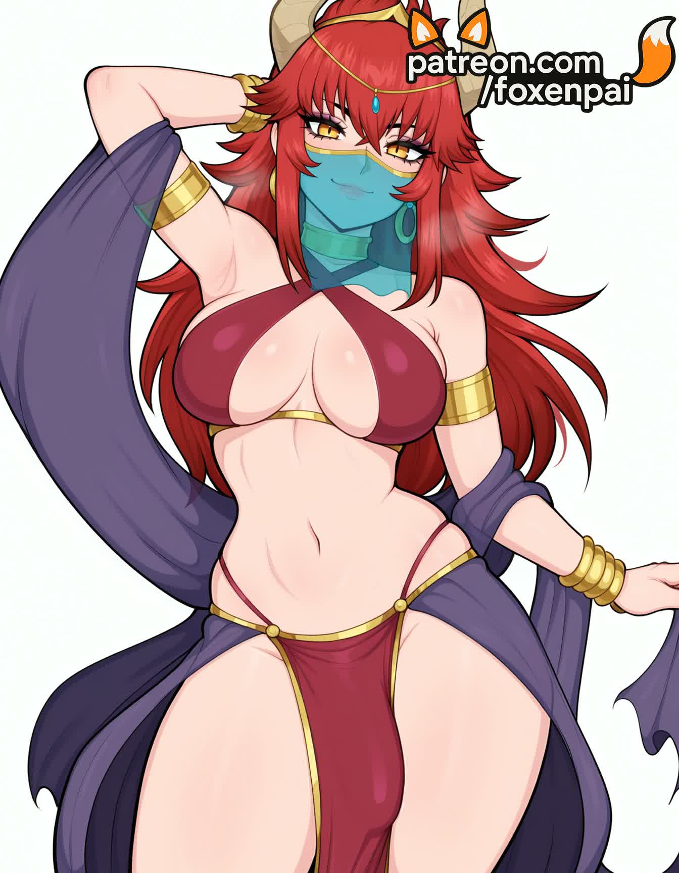 1futa, 2025, ai generated, armlet, artist name, bracelet, breasts, bust, chest, colored skin, dancer, earrings, foxenpai, futa only, futanari, hi res, high quality, high resolution, highres, horns, intersex, jewelry, light-skinned futa, long hair, looking at viewer, mouth veil, navel, patreon, patreon username, pelvic curtain, penis, red hair, simple background, smile, solo, stable diffusion, tail, virtual youtuber, watermark, white background, zentreya