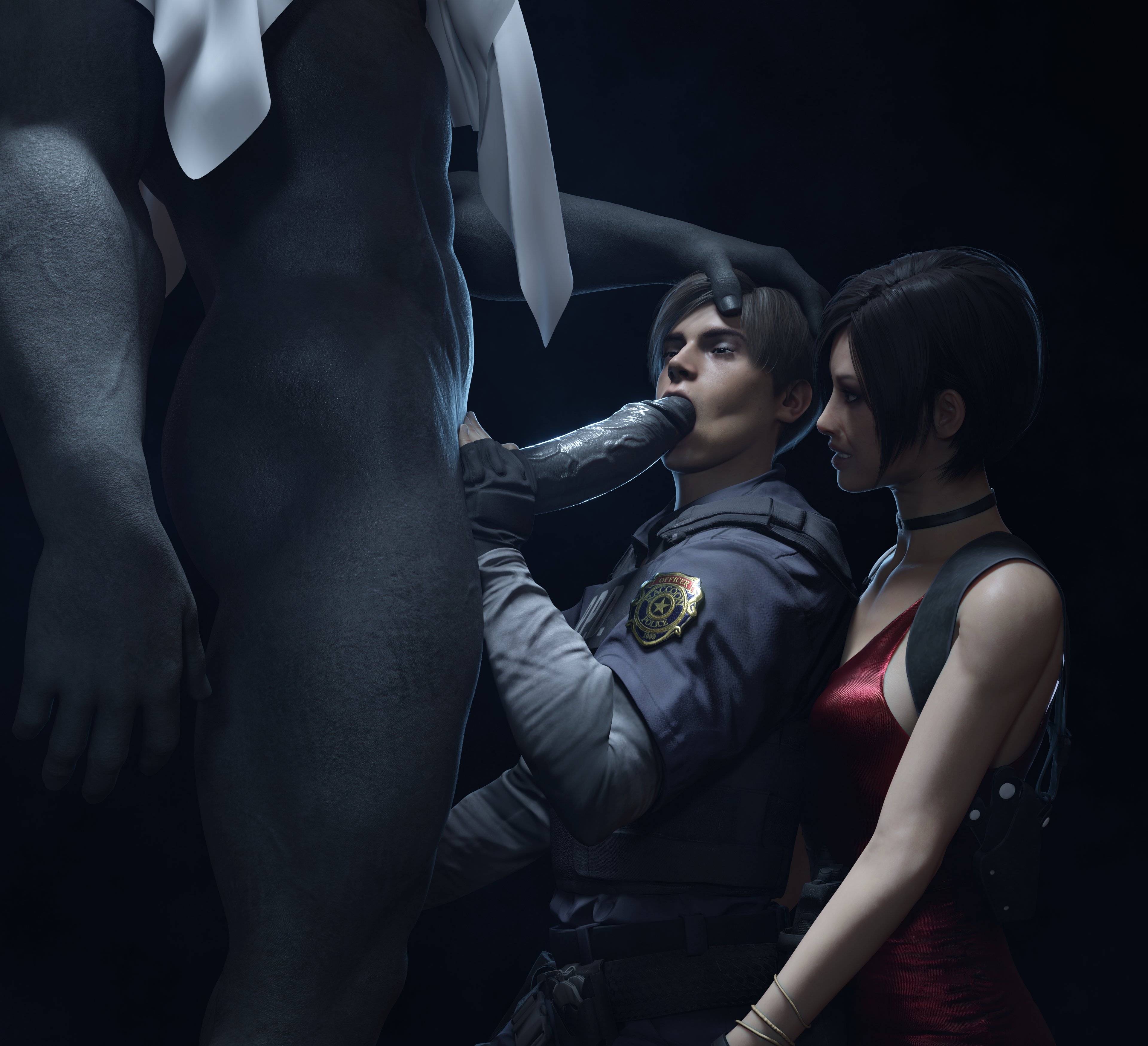 1boy, 1girls, 1monster, 3d, ada wong, ass, baby face, bisexual, bisexual male, blowjob, embercock, emberstock, female, female supporting yaoi, gay, gay blowjob, gay domination, gay male, gay oral, gay sex, grabbing, grabbing hair, grabbing head, grabbing penis, impossible fit, leon scott kennedy, looking at penis, male, monster, monster cock, mr x, muscles, muscular, muscular male, penis, questionable consent, resident evil, short hair, size difference, sucking, vein, veins, veiny, veiny penis, yaoi