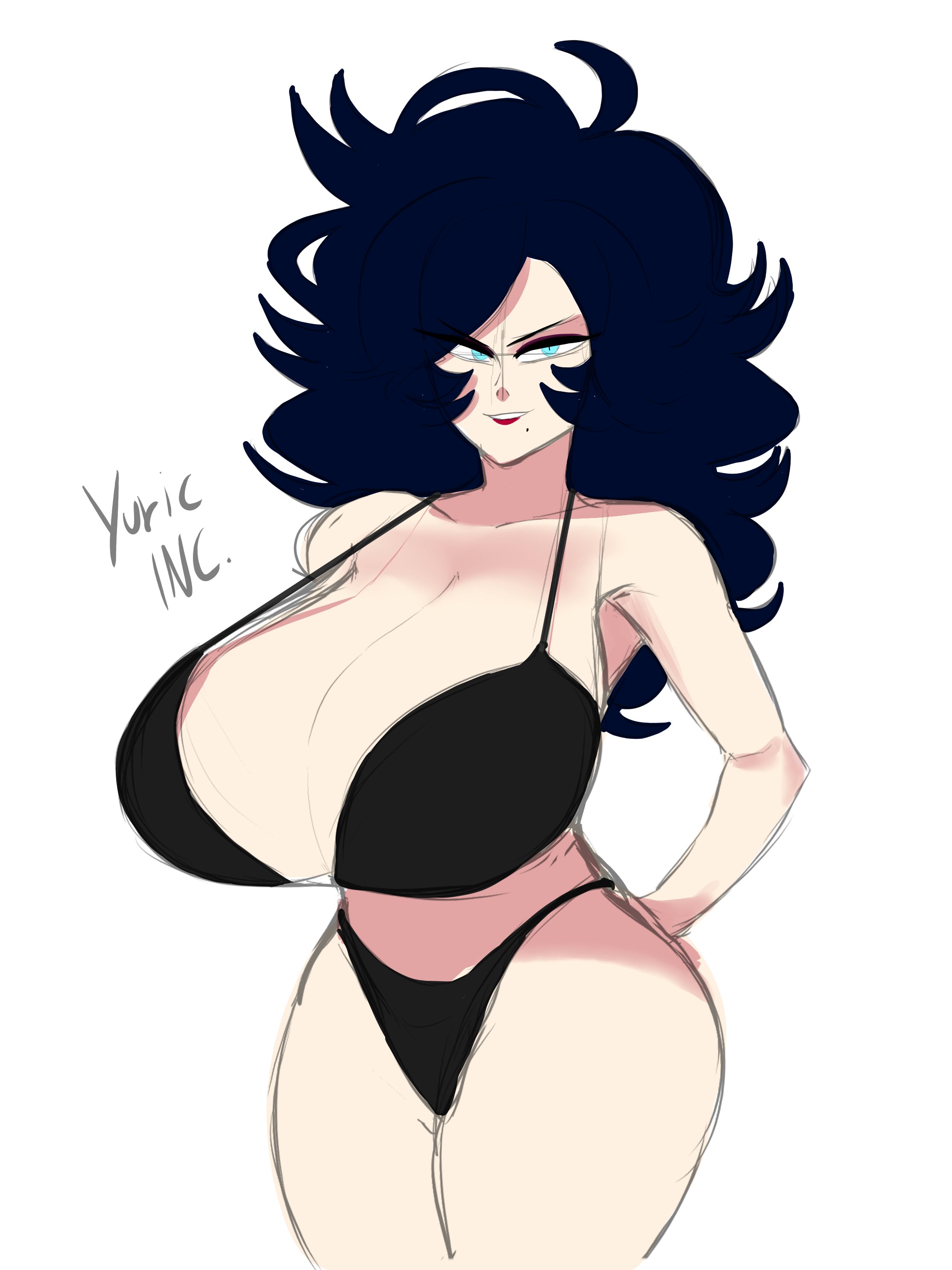 artist name, big ass, big breasts, big thighs, black bra, black panties, blue eyes, breasts, breasts bigger than head, curvy, curvy figure, dark hair, female, female only, fluffy hair, huge ass, huge breasts, long hair, lucaslife (yuric inc), mole, mole under mouth, red lipstick, silvia (yuric inc), white background, white skin, yuric inc