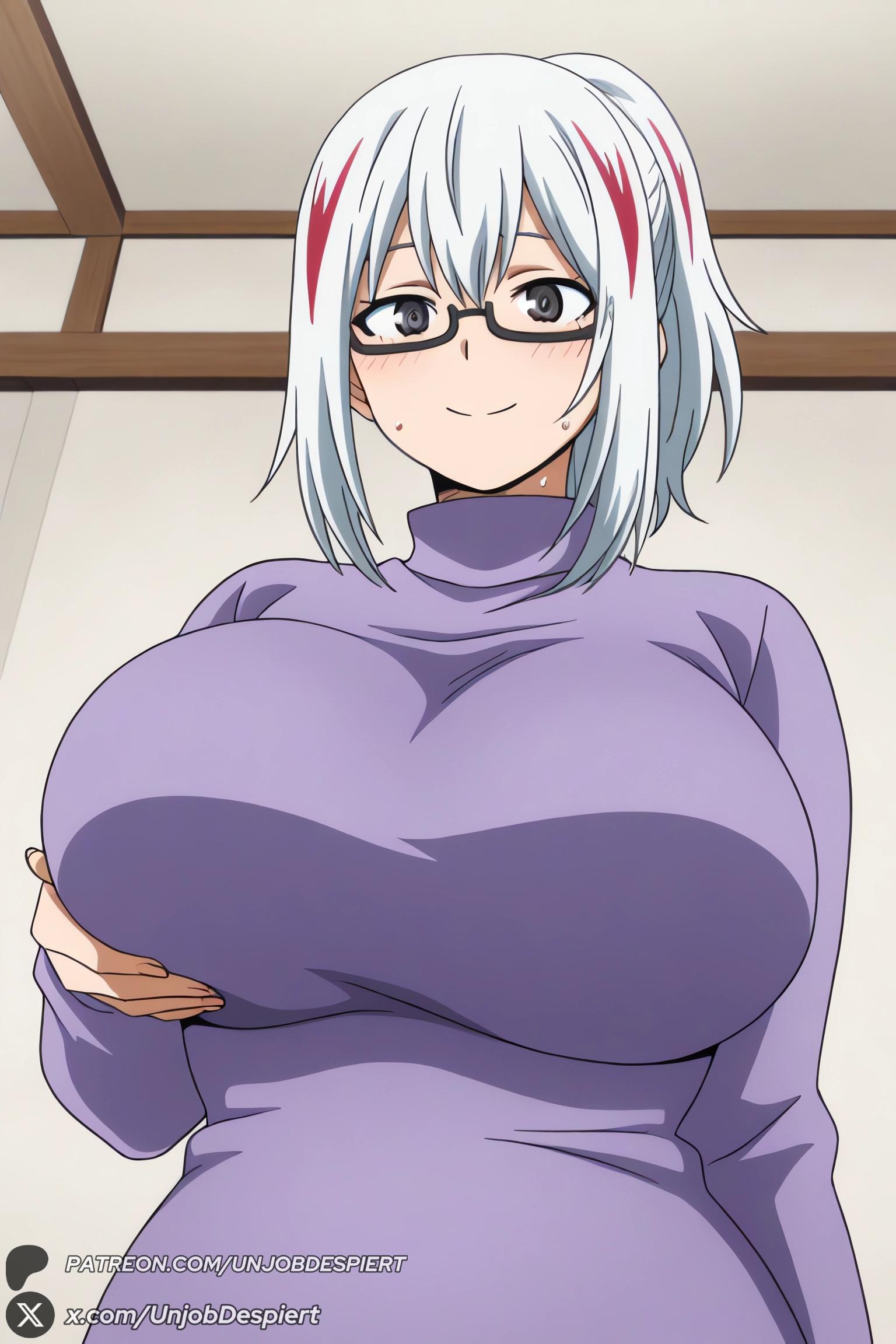 1female, 1girls, 2026, ai generated, artist name, bangs, big ass, big breasts, blush, boku no hero academia, breasts, closed mouth, curvy, female, female only, fuyumi todoroki, glasses, grabbing own breast, grey eyes, hi res, high quality, high resolution, highres, huge ass, huge breasts, indoors, long sleeves, looking at viewer, multicolored hair, my hero academia, patreon, patreon username, ponytail, purple sweater, red hair, semi-rimless eyewear, smile, solo, streaked hair, sweat, sweater, todoroki fuyumi, turtleneck, turtleneck sweater, unjobdespiert, upper body, watermark, white hair