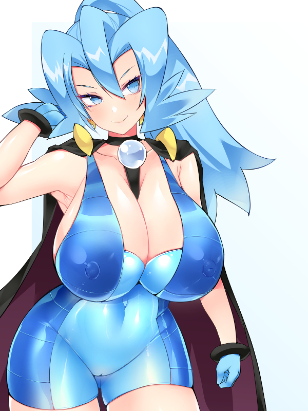 1girls, arm behind head, armpits, blue eyes, blue hair, bodysuit, breasts, clair (pokemon hgss), clair (pokemon), cleavage, covered erect nipples, covered navel, female, female only, game freak, gym leader, hisui (stapspats), large breasts, legs, nintendo, nipple bulge, pokemon, pokemon hgss, see-through clothes, smile, solo, thighs, white background