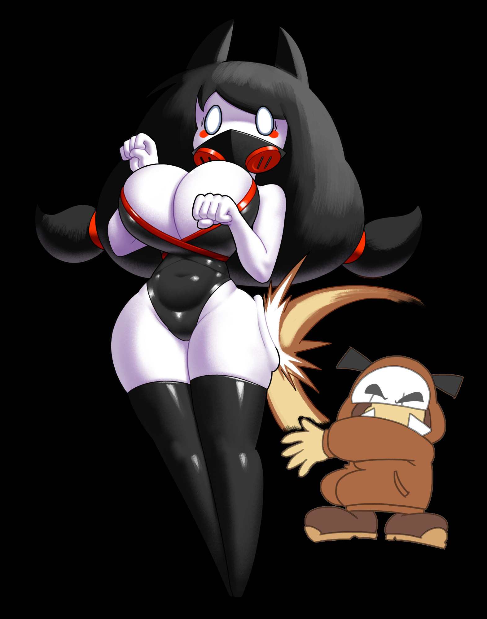 2025, 2d, 2d (artwork), 2girls, ass, ass slap, big breasts, black background, black hair, black mask, black thighhighs, blush, boobs bigger than head, breasts, curvy, digital media (artwork), eyebrows, female, female only, gijinka, goomba, goomba girl, hoodie, mario (series), mask, memoji, midriff, minus8, ninji (mario), ninji girl, nintendo, rule 63, shocked, shocked expression, shoes, super mario bros., tagme, thick thighs, thighhighs, thighs, white body, white hair, yuri