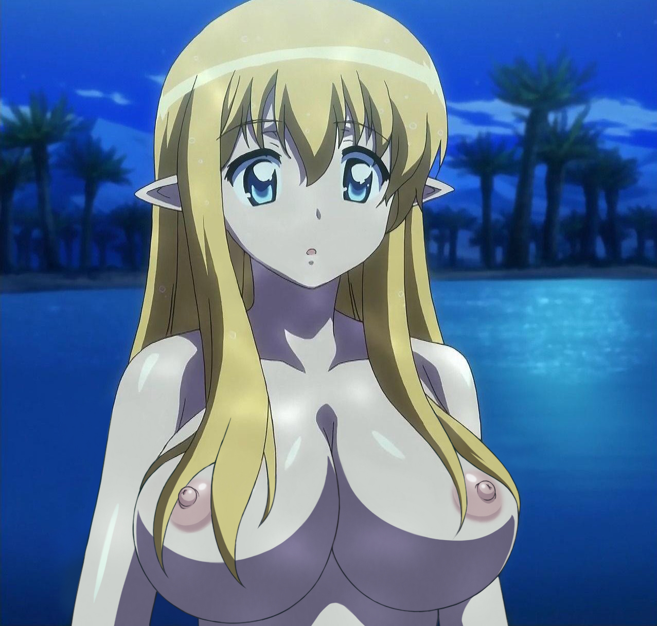 anime style, blonde hair, breasts, elf, female, front view, highres, large breasts, long hair, nipples, nude, nude filter, pointy chin, pointy ears, tiffania westwood, zero no tsukaima