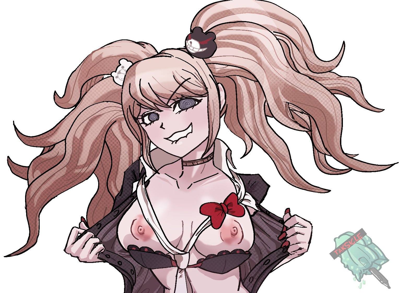 areola, big breasts, biting own lip, bra, bra down, breasts, choker, danganronpa, exposed breasts, eyelashes, flashing breasts, front view, junko enoshima, nipples, pink areola, pink hair, pink nipples, red nails, spiral eyes, tako friend, tan skin, white background