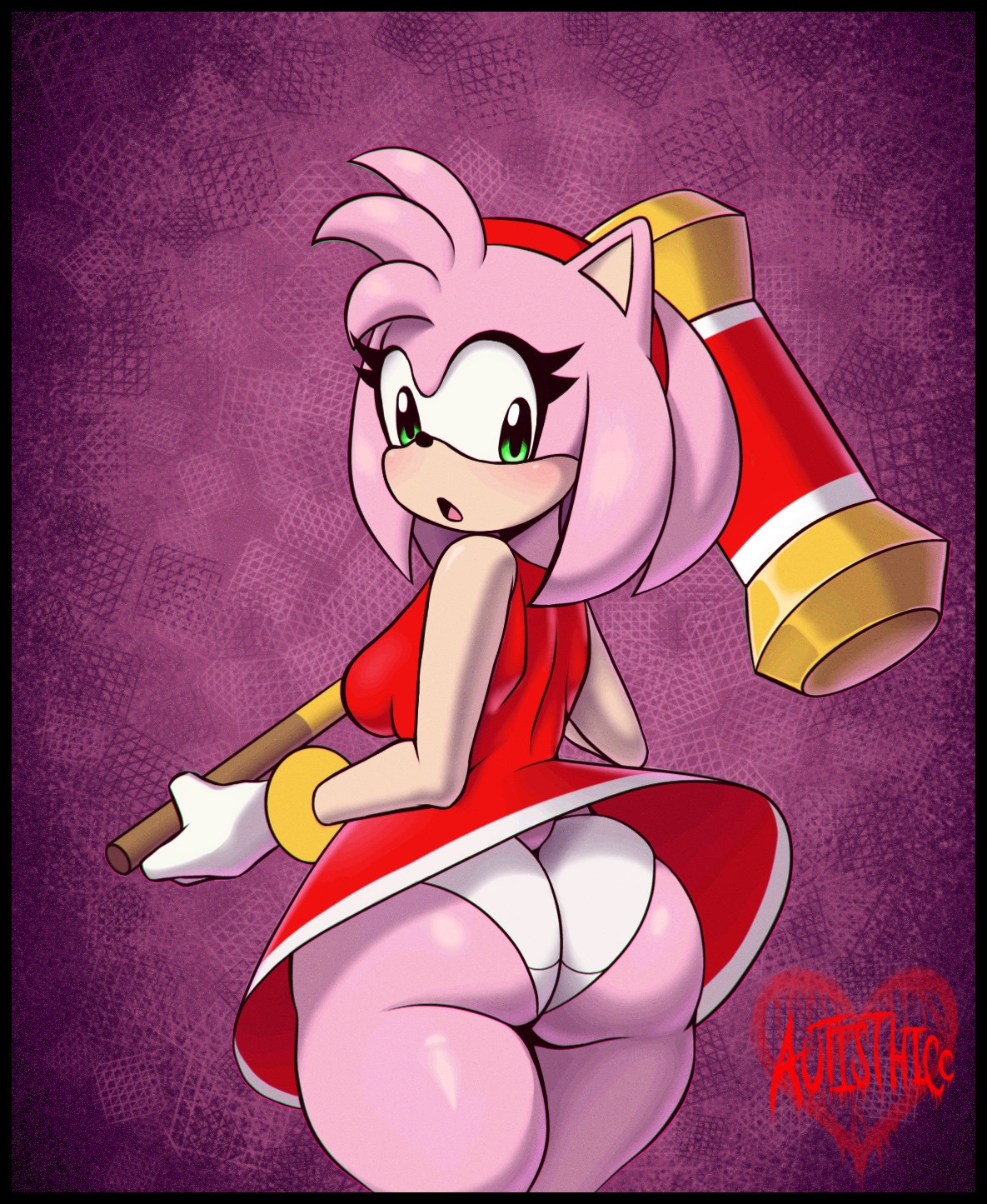 amy rose, anthro, ass, autisthicc69, big ass, female, furry, furry female, hammer, panties, sonic (series), white panties