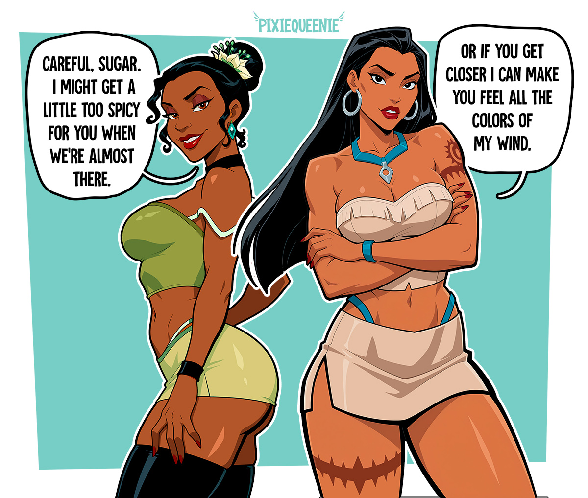 2girls, alternate costume, ass, big ass, big breasts, black eyes, black female, black woman, breasts, brown body, brown eyes, brown skin, brown-skinned female, cleavage, copper skin, crossover, curvaceous, curvy, curvy figure, dark skin, dark-skinned female, digital media (artwork), disney, disney princess, earrings, ebony, ebony female, english text, female, female only, hair bun, hips, hoop earrings, hourglass figure, indigenous, large ass, large breasts, legs, long hair, looking at viewer, mature, mature female, multiple girls, nail polish, native american, native american female, offscreen character, pixiqueenie, pocahontas, pocahontas (character), princess, princess tiana, red lips, red nail polish, red nails, sexually suggestive, slim waist, smile, suggestive, tattoo, text, the princess and the frog, thick, thick hips, thick legs, thick thighs, thighs, tiana, voluptuous, waist, wide hips