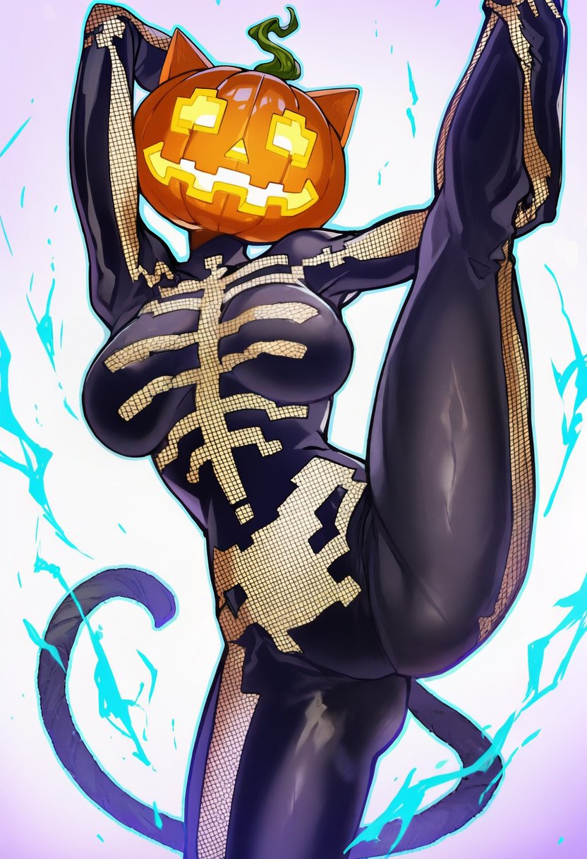 1girls, big breasts, breasts, cat ears, cat girl, cat humanoid, cat tail, curvy, curvy figure, epic games, female, fortnite, fortnite: battle royale, halloween, legs, mature female, pumpkin, pumpkin head, solo, spice (fortnite), thick thighs, waist, wide hips