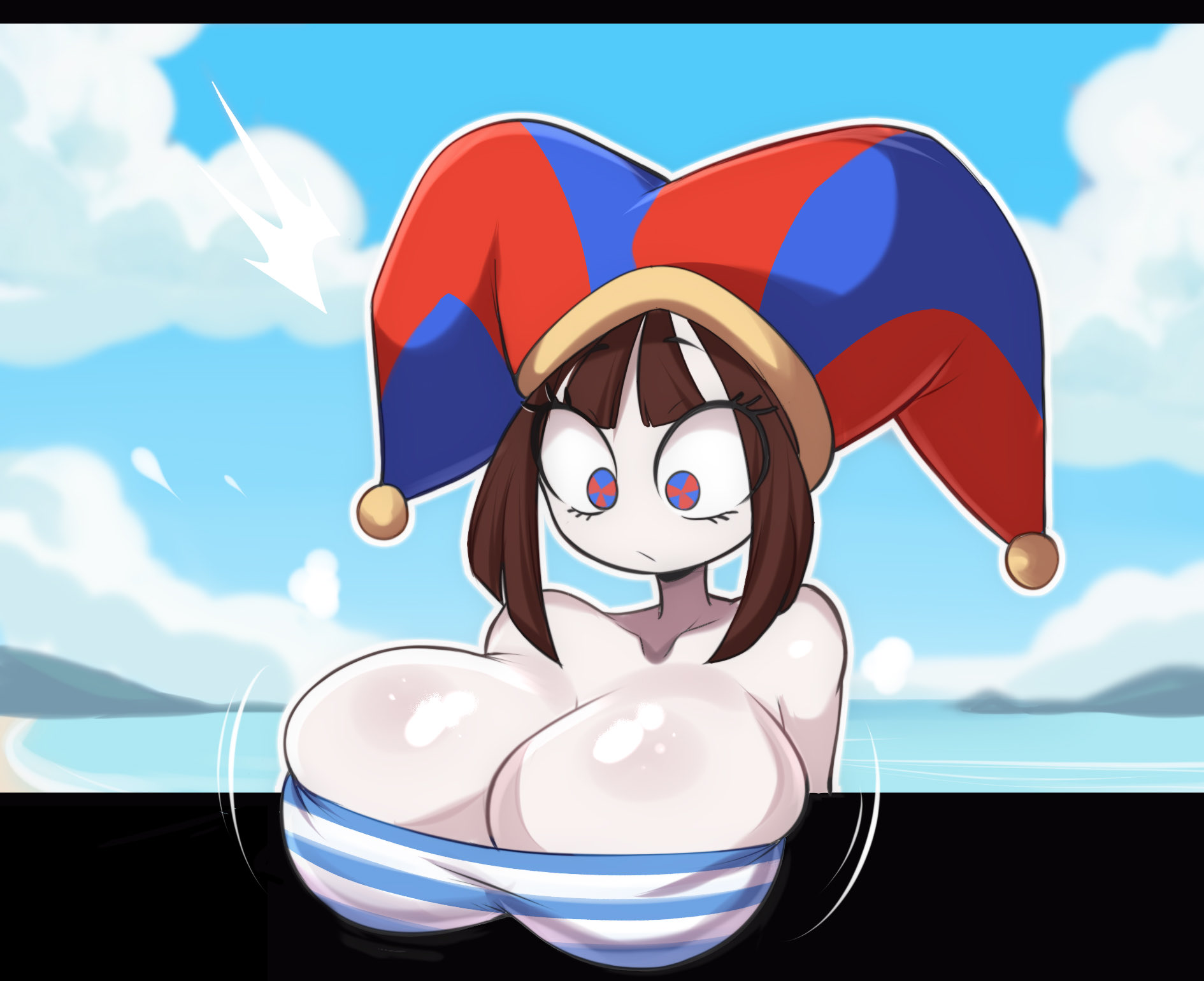 big breasts, bikini, breasts, cleavage, female, huge breasts, lucyfercomic, pomni (beach outfit), pomni (the amazing digital circus), tagme, the amazing digital circus