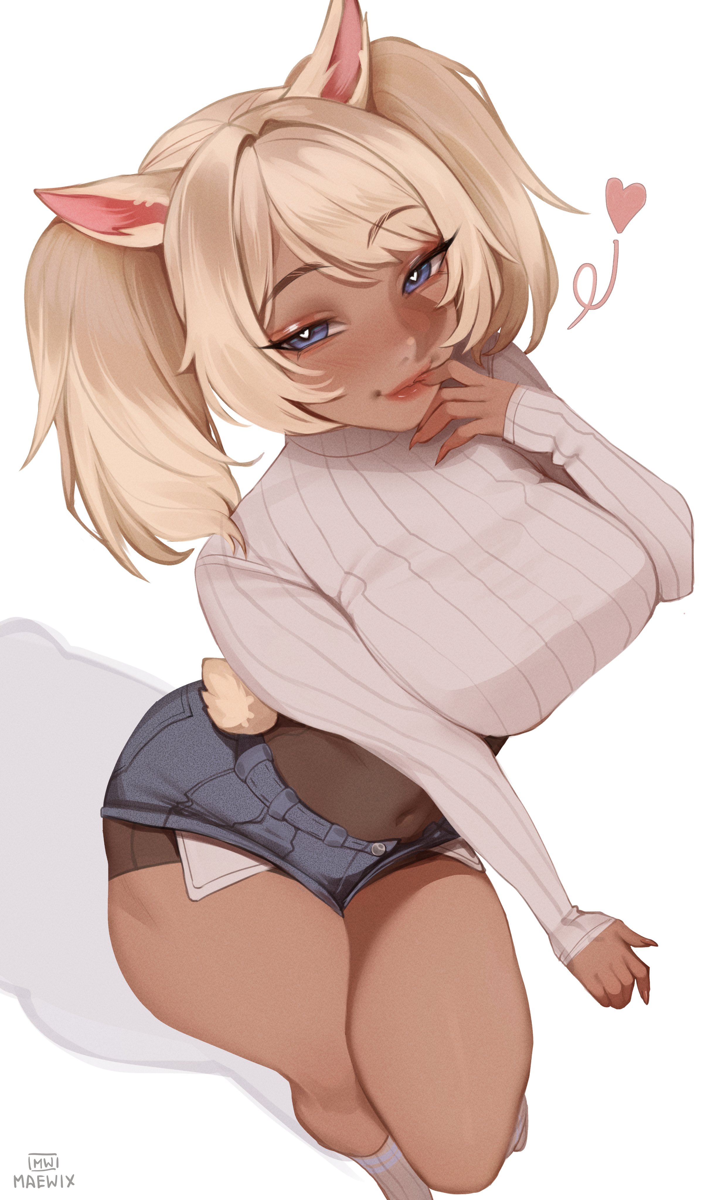 1girls, absurd res, animal ears, big breasts, blonde hair, blue eyes, blush, breasts, clothed, clothing, female, female only, finger to mouth, heart, heart-shaped pupils, jean shorts, kemonomimi, looking at viewer, maewix1, shephira, short shorts, short tail, shorts, smiling, smiling at viewer, solo, sweater, tail, thick thighs, turtleneck, turtleneck sweater, twintails, viewed from above, white background