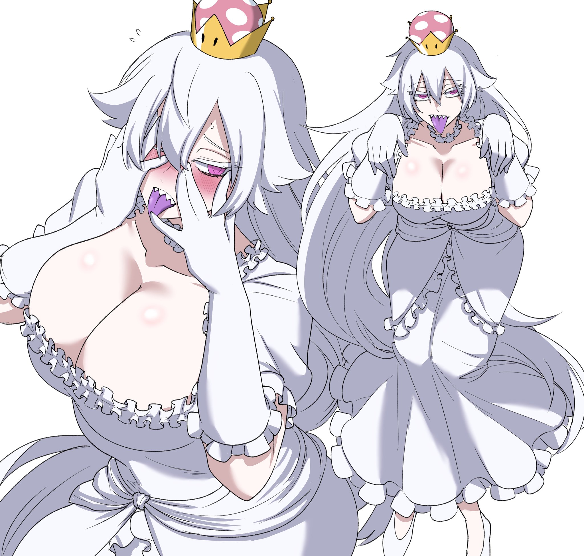 1girls, 2025, big breasts, blush, boo (mario), boosette, breasts, clothed, clothing, female, female only, hi res, ilo a5, light skin, light-skinned female, long hair, mario (series), pink eyes, simple background, solo, tongue, tongue out, touching face, white background, white body, white hair