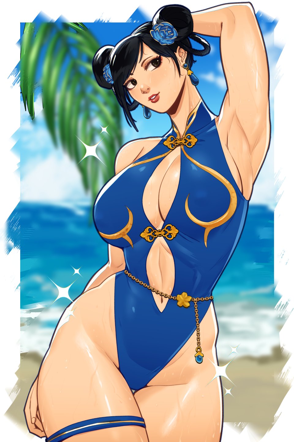 alternate costume, arm behind head, armpits, bare shoulders, beach, belly chain, black hair, blue flower, blue one-piece swimsuit, blue sky, blurry, blurry background, breasts, brown eyes, capcom, chun-li, cleavage, cloud, cloudy sky, commentary, curvy, double bun, earrings, english commentary, female, female only, flower, hair bun, hair flower, hair ornament, highleg, highleg one-piece swimsuit, highres, horizon, jewelry, large breasts, light blush, lips, navel, ocean, official alternate costume, one-piece swimsuit, palm tree, parted lips, red lips, sand, shiny skin, skullworms, sky, solo, sparkle, street fighter, street fighter 6, swept bangs, swimsuit, thigh strap, thighs, thong one-piece swimsuit, tree, wide hips