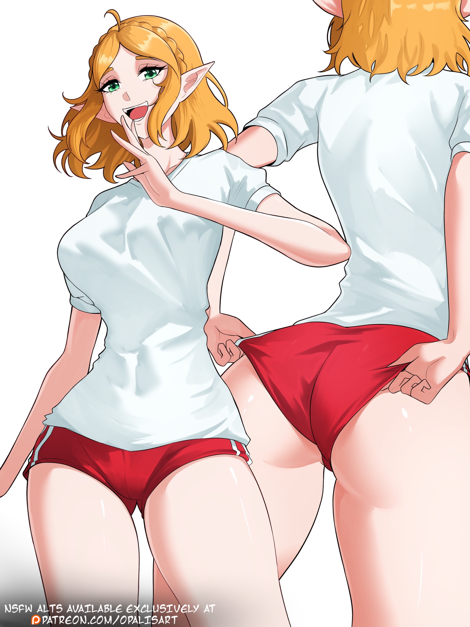 1girls, adjusting buruma, adjusting clothes, ass, blonde hair, braid, buruma, commentary, crown braid, english commentary, female, female only, from behind, green eyes, gym uniform, highres, hourglass figure, hourglass figured female, large breasts, looking at viewer, multiple views, nintendo, opalis, opalisart, patreon logo, pointy ears, princess zelda, red buruma, shirt, shorts, simple background, sports shorts, standing, tears of the kingdom, the legend of zelda, thin, thin female, thin waist, watermark, web address, white background, white shirt, zelda (tears of the kingdom)