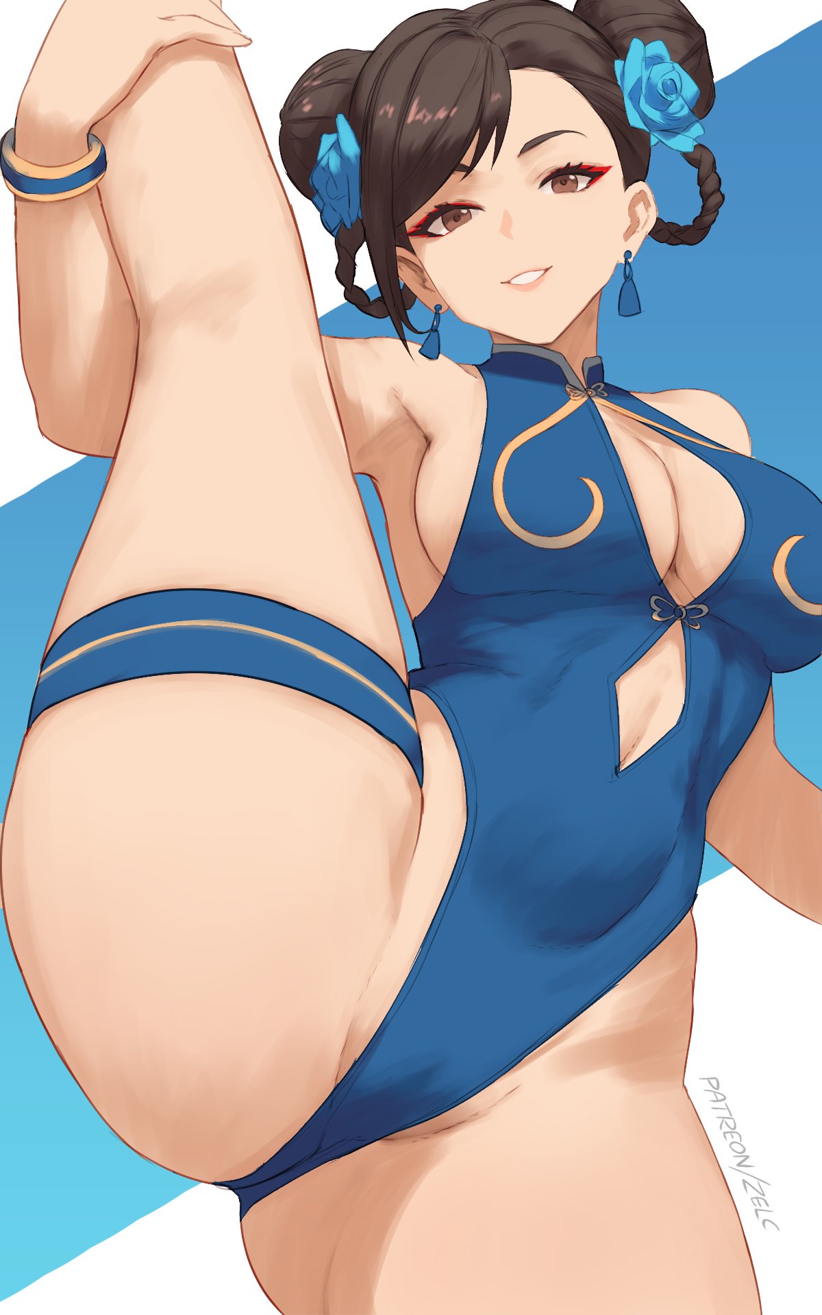blue background, blue flower, blue leotard, blue rose, bracelet, braid, breasts, brown eyes, brown hair, capcom, chun-li, clothing cutout, commentary, double bun, earrings, female, female only, flower, hair bun, hair flower, hair ornament, hair rings, highres, jewelry, large breasts, leg up, leotard, looking at viewer, navel, navel cutout, parted lips, patreon username, rose, short hair, smile, solo, standing, standing on one leg, street fighter, thigh strap, thighs, two-tone background, white background, zelc-face