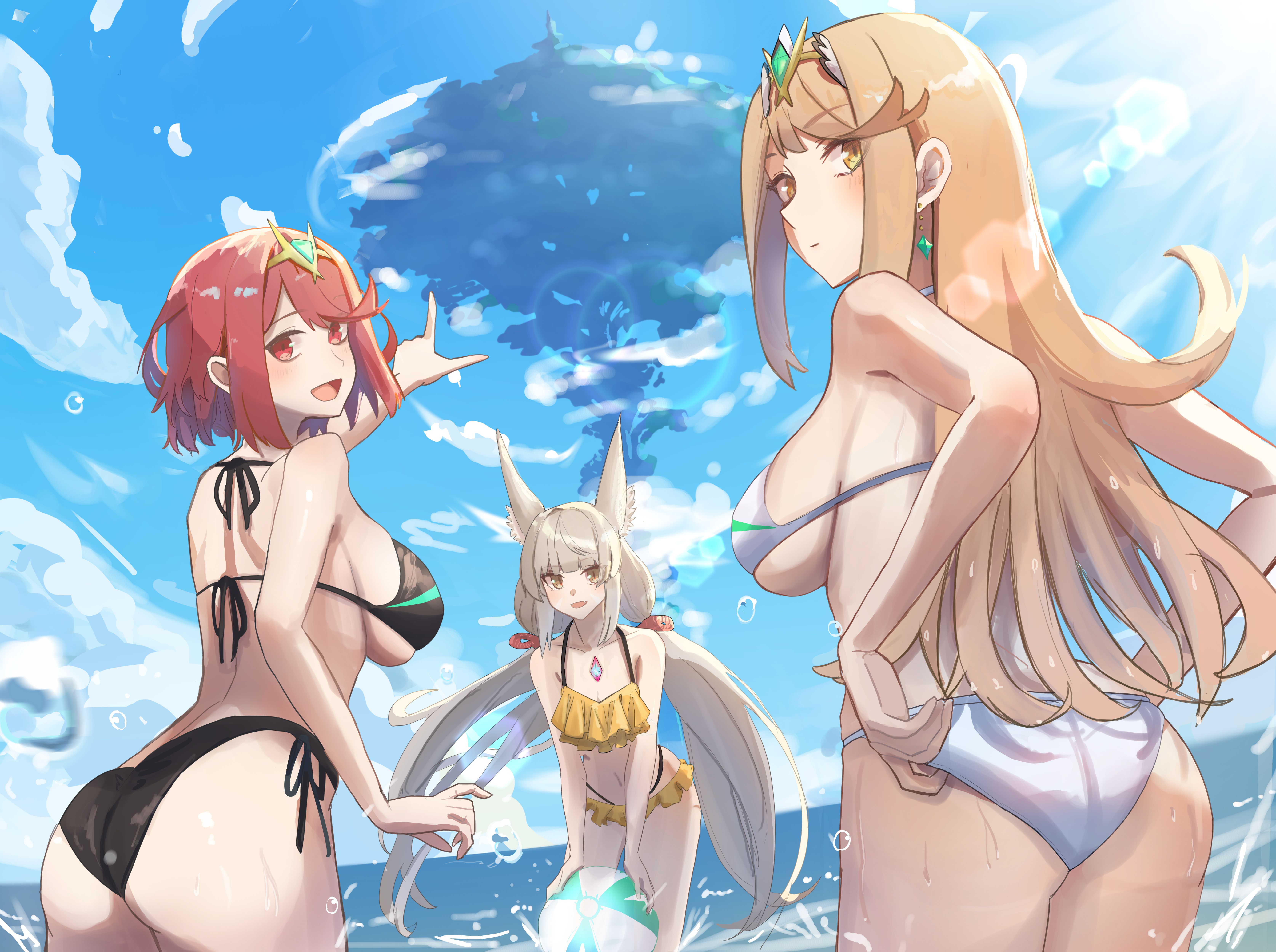 3girls, absurdres, adjusting clothes, adjusting swimsuit, amausa subee, animal ear fluff, ass, bikini, blue sky, blush, bob cut, breasts, cloud, commentary, english commentary, female, female only, grey hair, highres, in-universe location, large breasts, long hair, looking at viewer, looking back, multiple females, multiple girls, mythra, mythra (xenoblade), nia, nia (xenoblade), nintendo, pointing, pyra, pyra (xenoblade), red eyes, red hair, sky, smile, swimsuit, tiara, tree, very long hair, wading, wet, xenoblade (series), xenoblade chronicles 2