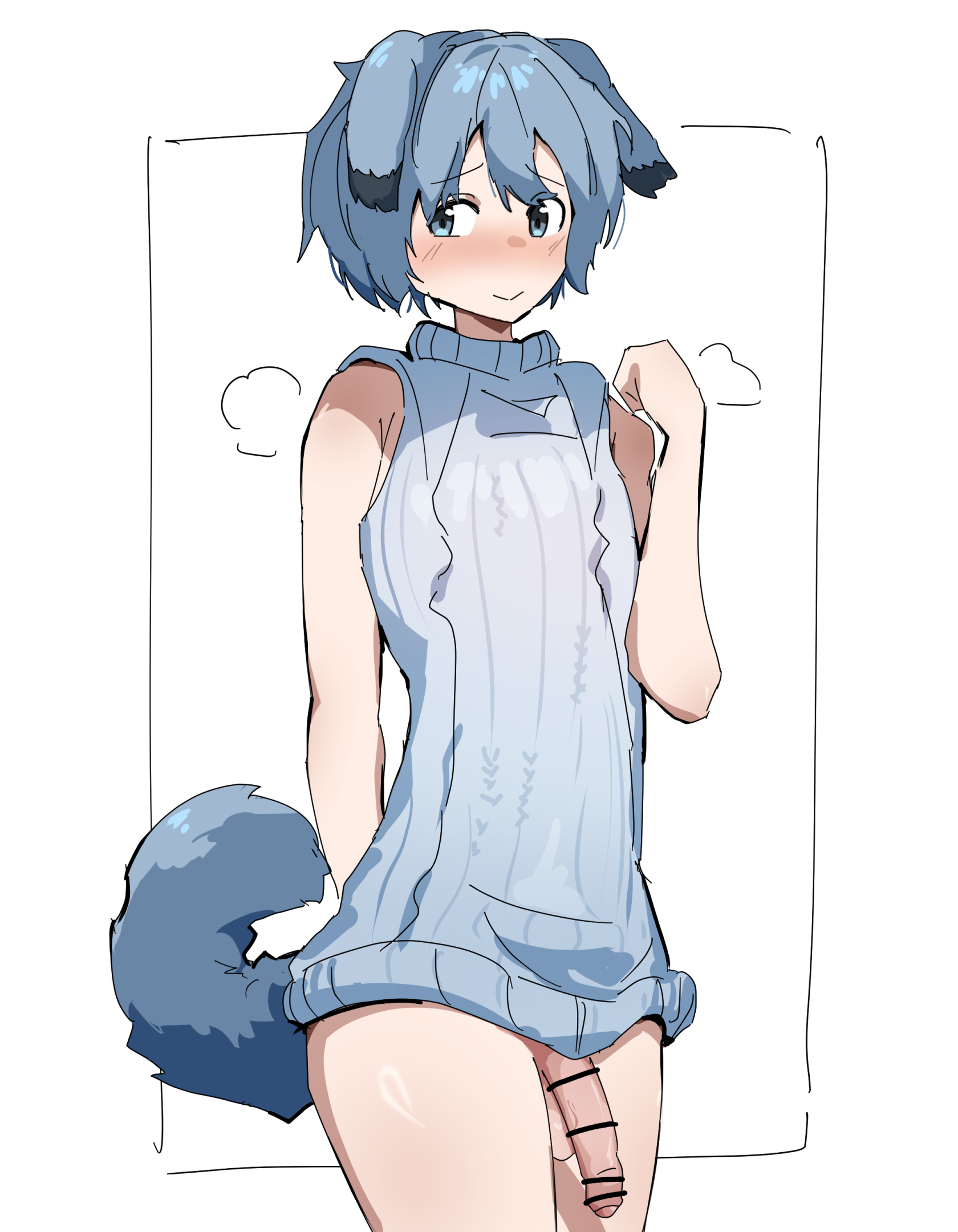 big penis, blush, crossdressing, dog boy, dog ears, dog tail, embarrassed, femboy, flaccid, foreskin, male, male only, naked sweater, nyanphu cat, nyanpu, original character, otoko no ko, penis, solo, tail, trap, uncircumcised