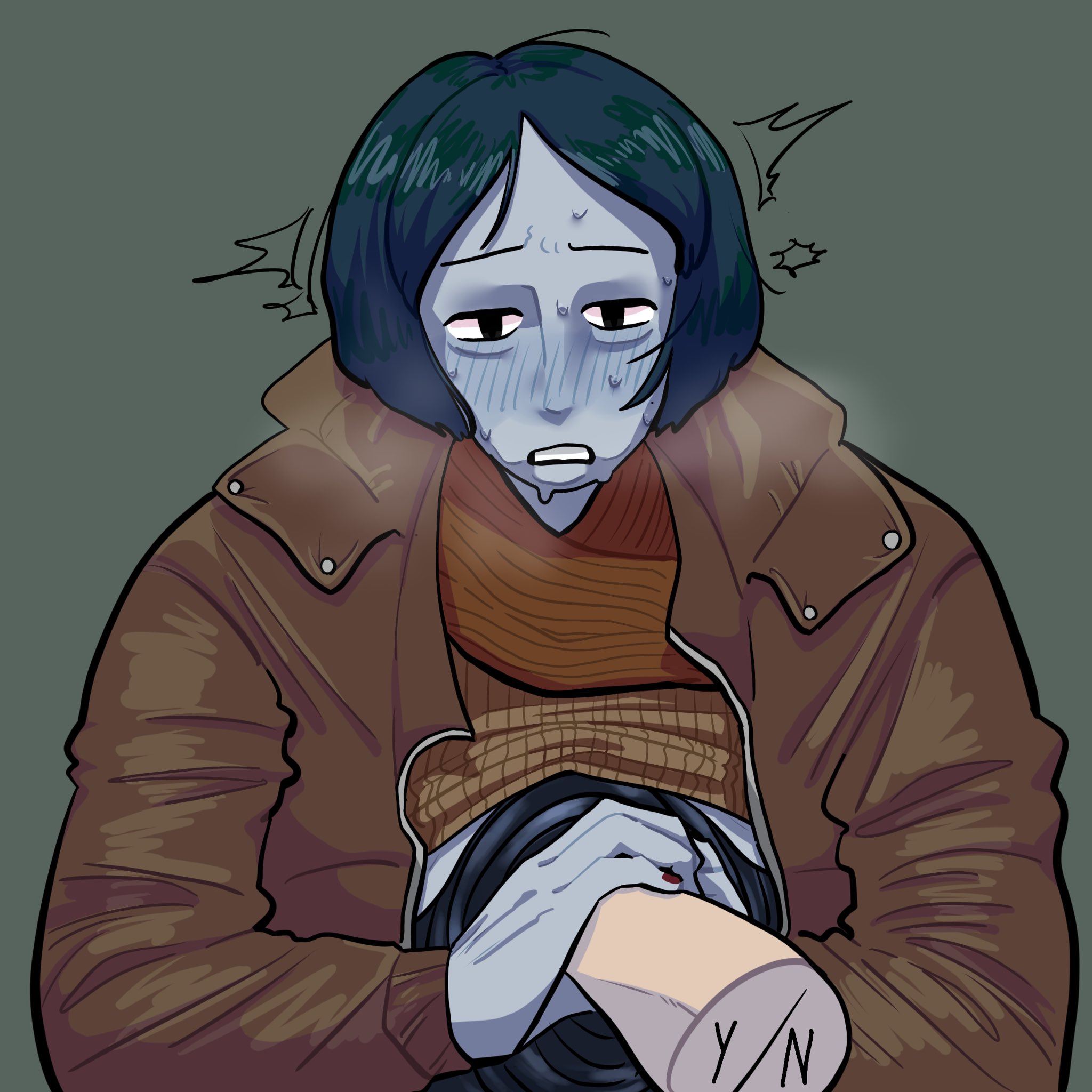 1boy, 1other, ambiguous gender, androgynous, arm grab, blue body, blue hair, blue skin, blush, body horror, breath, coat, coat guy (no, i'm not a human), dark blue hair, disembodied hand, jacket, male, male focus, mvuf47eodo36ydp, no, i'm not a human, solo focus, sweat, sweater, sweater lift, twink, uncommon stimulation, unusual anatomy, upper body