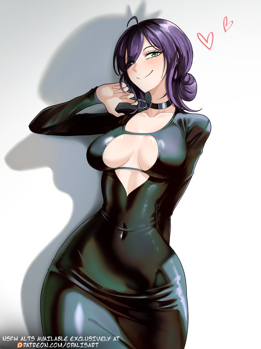 black choker, black dress, bomb devil, breasts, breasts apart, chainsaw man, choker, closed mouth, covered navel, different shadow, dress, female, female only, green eyes, grenade pin, hair bun, heart, highres, long sleeves, medium breasts, opalis, purple hair, reze (chainsaw man), shadow, single hair bun, smile, solo