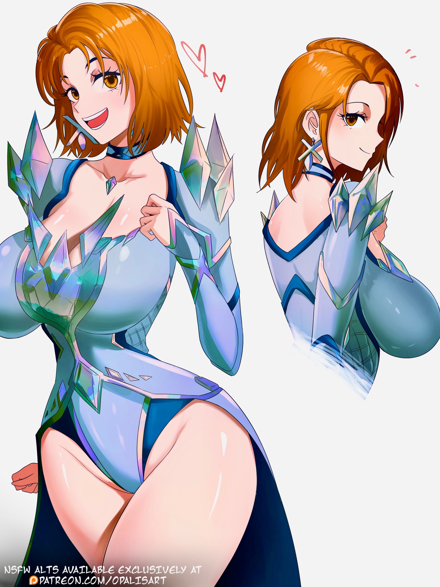 1girls, breasts, brown eyes, choker, cleavage, closed mouth, collarbone, cosplay, cowboy shot, diamond (gemstone), earrings, emma frost, emma frost (cosplay), female, female only, heart, highres, jewelry, large breasts, leotard, long sleeves, looking at viewer, marvel, marvel comics, marvel rivals, multiple views, nami (one piece), narrow waist, notice lines, one piece, opalis, opalisart, open mouth, orange hair, orange-haired female, short hair, smile, solo, thighs, upper body, villain, x-men