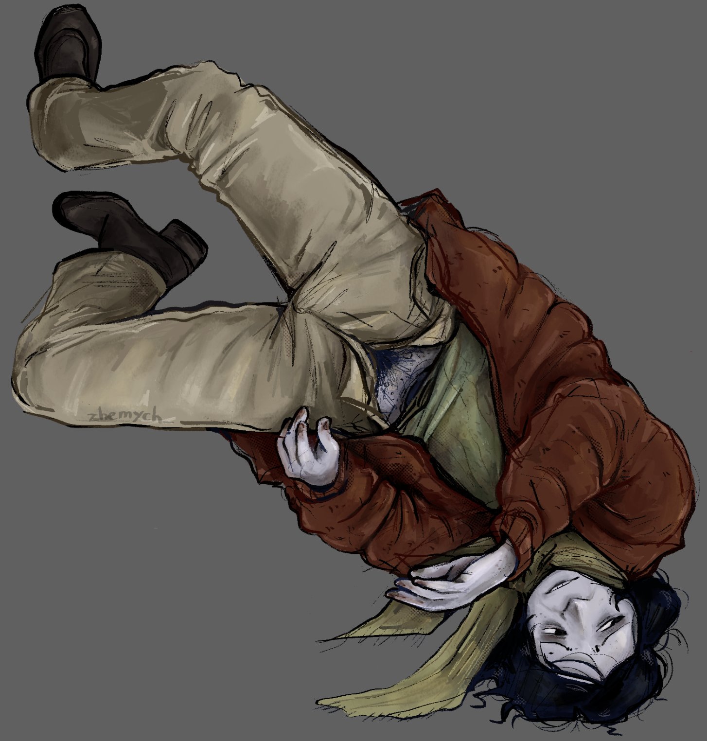 androgynous, black hair, blue body, blue hair, coat, coat guy (no, i'm not a human), full body, fully clothed, jacket, male, male only, male pubic hair, no, i'm not a human, open pants, pale skin, pale-skinned male, pubic hair, pubic hair peek, scarf, solo, twink, zhemych