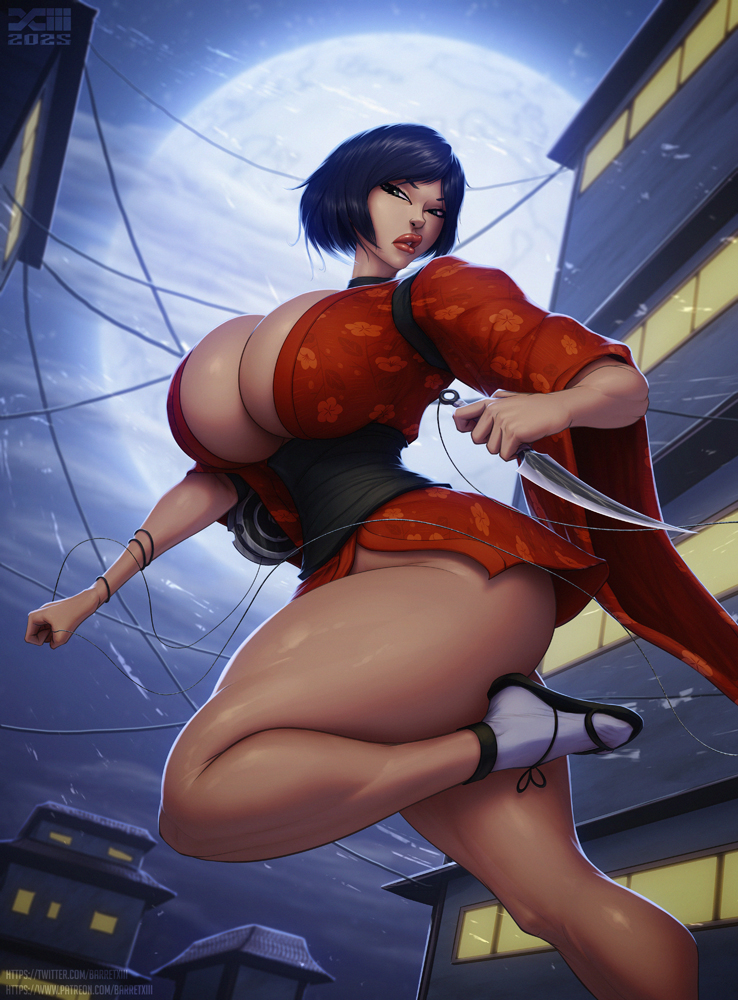 2d, 2d (artwork), artist logo, artist name, artist signature, artist upload, asian, asian female, barretxiii, big breasts, black hair, blade, breasts, choker, cleavage, dagger, female, female focus, female only, full moon, kimono, knife, kurenai (red ninja), leaping, moon, neckwear, ninja, no ai, pinup, plunging neckline, red clothing, red ninja, red ninja end of honor, solo, solo female, solo focus, thick legs, thick thighs, waist, waist wrap, watermark, wire