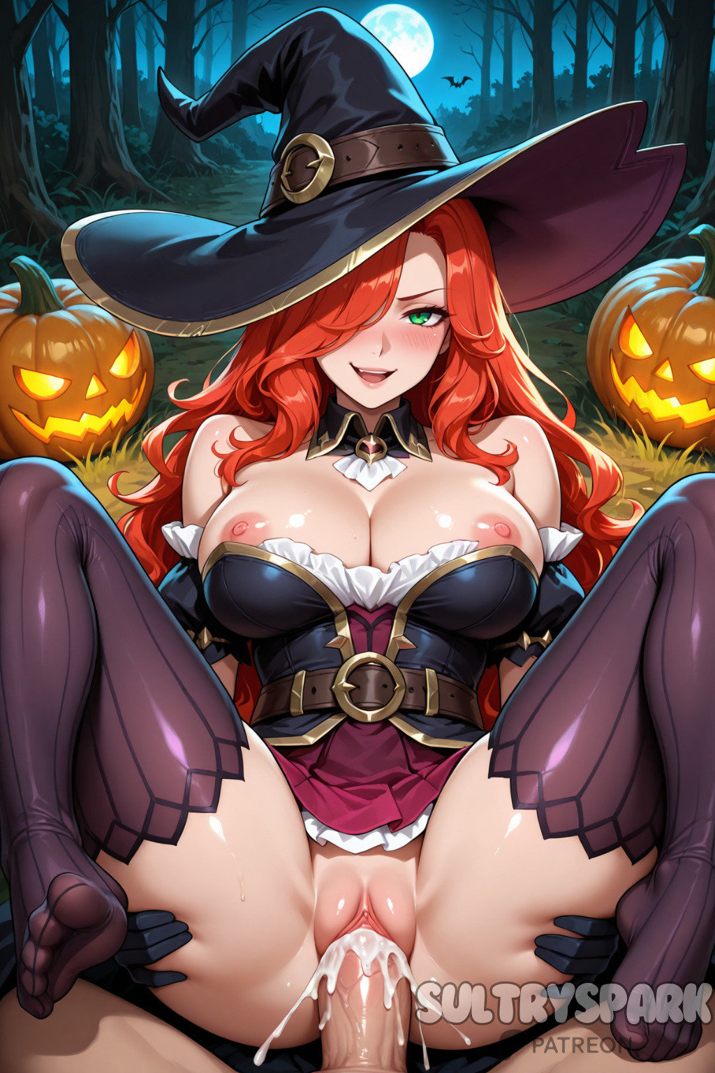1boy, ai generated, bare shoulders, belt, bewitching miss fortune, black gloves, blush, breasts, cleavage, cum, cum in pussy, detached collar, detached sleeves, dress, feet, female, full moon, futarush, gloves, green eyes, hair over one eye, halloween, happy sex, hat, jack-o'-lantern, large breasts, league of legends, long hair, looking at viewer, male, miss fortune, moon, night, nipples, no shoes, open mouth, outdoors, patreon, patreon username, penis, pov, pumpkin, pussy, red hair, riot games, sarah fortune, sex, shiny, shiny skin, smile, solo focus, spread legs, straight, sultryspark, thighhighs, uncensored, vaginal penetration, veiny penis, witch hat