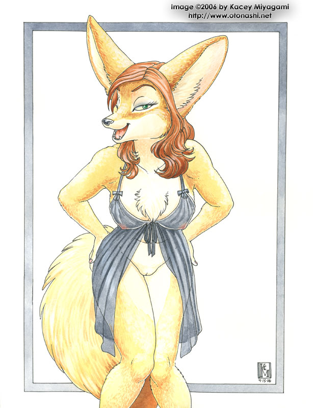 2006 anthro border breasts canine female fennec fox fur furry green_eyes kacey lingerie looking_at_viewer nightgown plain_background pussy red_hair skimpy solo translucent white_background