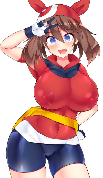 1girls, bandana, blue eyes, breasts, brown hair, fanny pack, female, female only, hisui (stapspats), large breasts, may (pokemon rs), may (pokemon), pokemon, pokemon rse, red bandana, see-through clothes