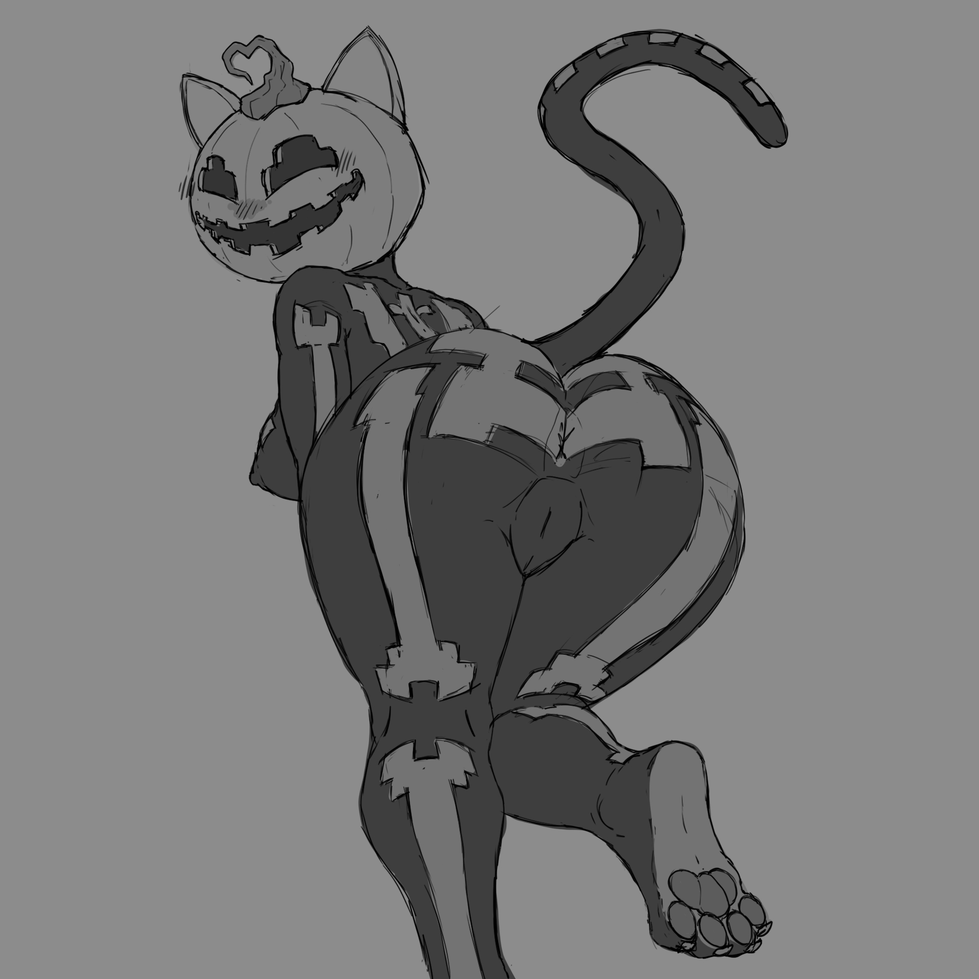 1girls, 2025, 2d, ass, ass focus, asshole, back view, breasts, cat ears, cat tail, colorless, epic games, feline, female, fortnite, fortnite: battle royale, jack-o'-lantern, no color, paws, pumpkin head, pussy, skeleton, solo, solo female, spice (fortnite), thighs, twisted cat