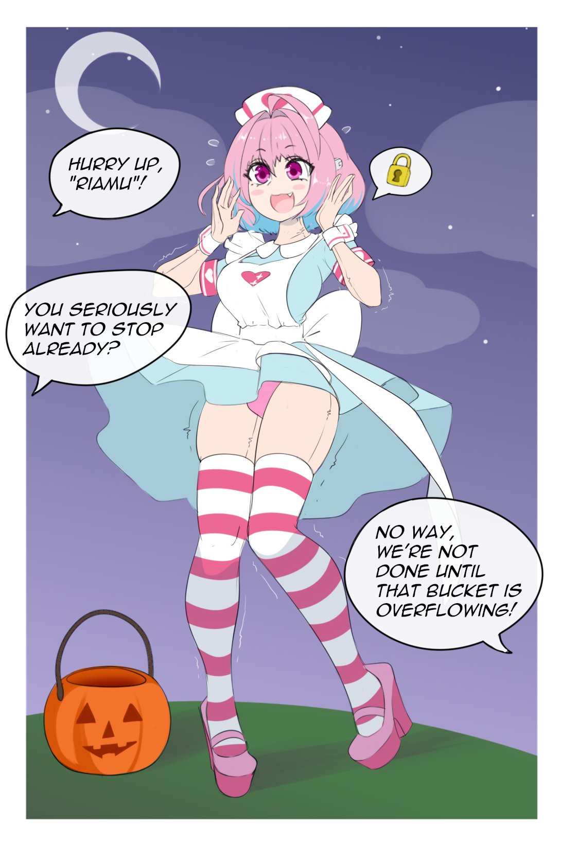 animegao, bodysuit, cosplay, dollification, halloween, halloween costume, jack-o'-lantern, kigurumi, lock, maid outfit, mask, masking, pantyshot, pink hair, sealguy, striped socks, trick or treat