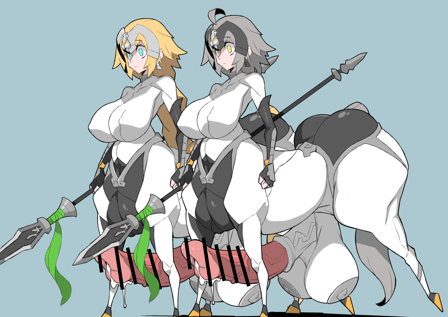 2futas, big ass, big balls, big breasts, big penis, blonde hair, blue eyes, bodysuit, braid, braided hair, braided ponytail, breasts, censored, centaur, clothed, clothing, dripping, dripping cum, duo, fate (series), fate/grand order, flared penis, futa only, futanari, golden eyes, grey hair, hair braid, hair ornament, horse penis, horsecock, huge balls, huge cock, hyper, hyper balls, hyper penis, jeanne alter, jeanne d'arc (fate), jeanne d'arc alter (fate), large ass, large balls, large breasts, large penis, large testicles, multiple futa, multiple penises, nikujuu uc, outfit swap, penis, silver hair, simple background, spear, twins, weapon, white hair, yellow eyes