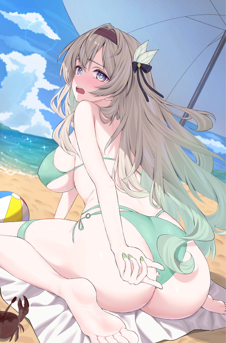 akatana (ewokakitaindes), ass focus, barefoot, beach, beach ball, beach umbrella, bikini, breasts, crab, embarrassed, feet, female, firefly (honkai: star rail), from behind, full-face blush, green nails, honkai: star rail, looking back, open clothes, sideboob, sitting, soles, toes, wardrobe malfunction