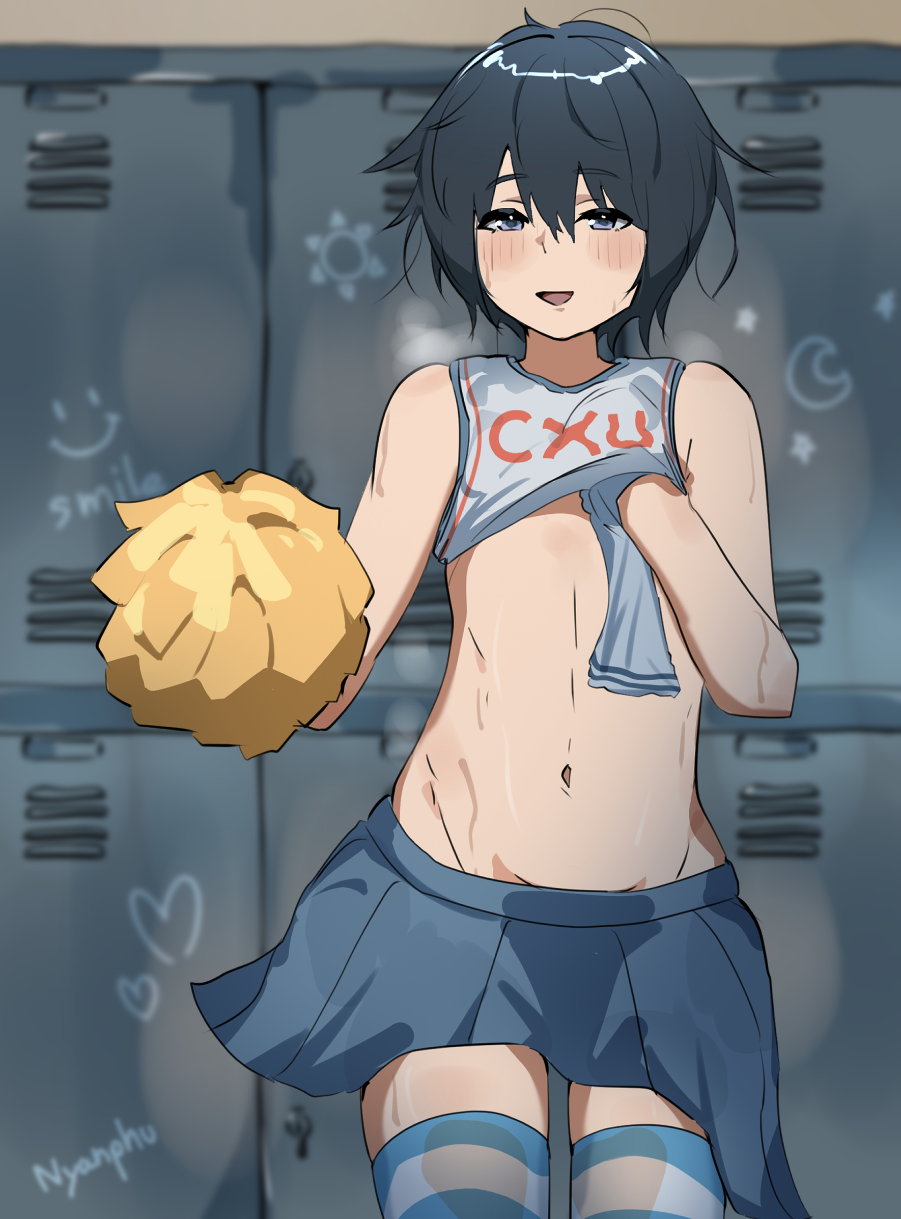 bedroom eyes, cheerleader, cheerleader uniform, crossdressing, exposed navel, femboy, male, male only, messy hair, nyanphu cat, nyanpu, otoko no ko, pom poms, slender body, solo, sweaty body, trap