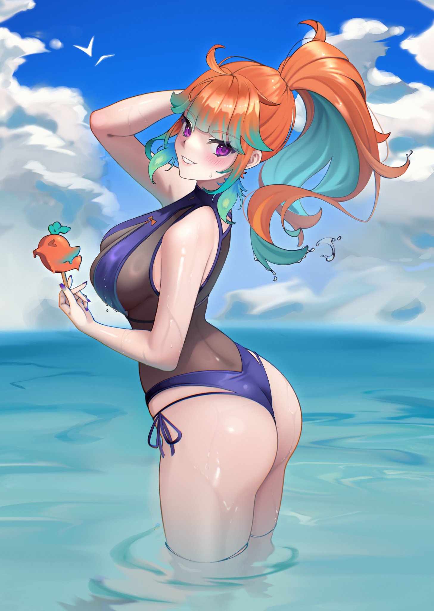 1girls, ahoge, alternate costume, alternate hairstyle, arm up, ass, bare shoulders, bikini, blue leotard, blue one-piece swimsuit, blue swimsuit, blunt bangs, blush, breasts, colored inner hair, commentary, earrings, feather earrings, feathers, female, female only, fingernails, food, from side, gradient hair, green hair, hair flaps, hand in own hair, hi res, high ponytail, highres, holding, holding food, holding ice cream, hololive, hololive english, hololive myth, hyafumi, ice cream, jewelry, kotori (takanashi kiara), large breasts, leotard, long hair, looking at viewer, multicolored hair, official alternate costume, official alternate hairstyle, one-piece swimsuit, orange hair, perfume (takanashi kiara), ponytail, purple eyes, purple nails, see-through clothes, see-through clothing, see-through leotard, see-through one-piece swimsuit, see-through swimsuit, side-tie bikini bottom, side-tie swimsuit, sidelocks, sky, smile, solo, standing, swimsuit, swimwear, takanashi kiara, teeth, thighs, two-tone hair, virtual youtuber, wading, water, wet, wet hair