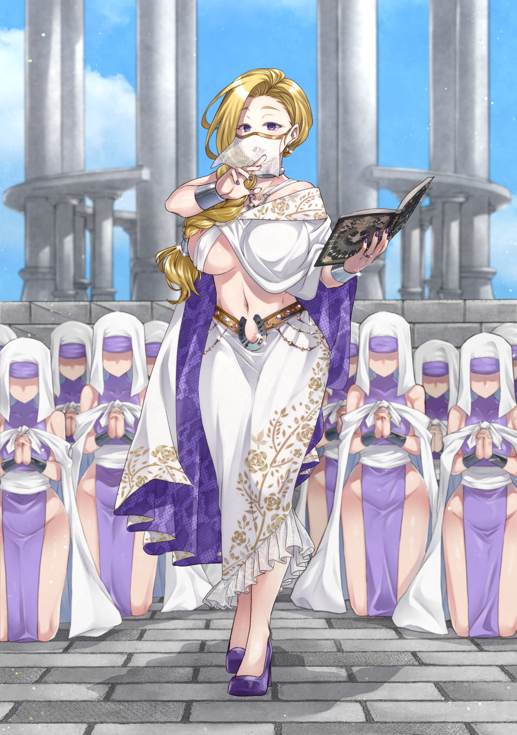1girls, armlet, artist request, bianca whitaker, big breasts, blonde hair, blue eyes, braided hair, braided ponytail, breasts, cheating wife, child bearing hips, columns, couple, cultist, curvy, desire, dragon quest, dragon quest v, dress, earrings, female, female only, fit female, full breasts, full of milk, heavy breasts, horseshoe, horseshoe ornament, hourglass figure, huge breasts, implied bestiality, jewelry, jyami, kon the knight, light skin, looking at viewer, mature female, milf, mother, navel, painted nails, priestess, purple dress, purple shoes, top heavy, veil, wedding ring, wide hips, worshiping