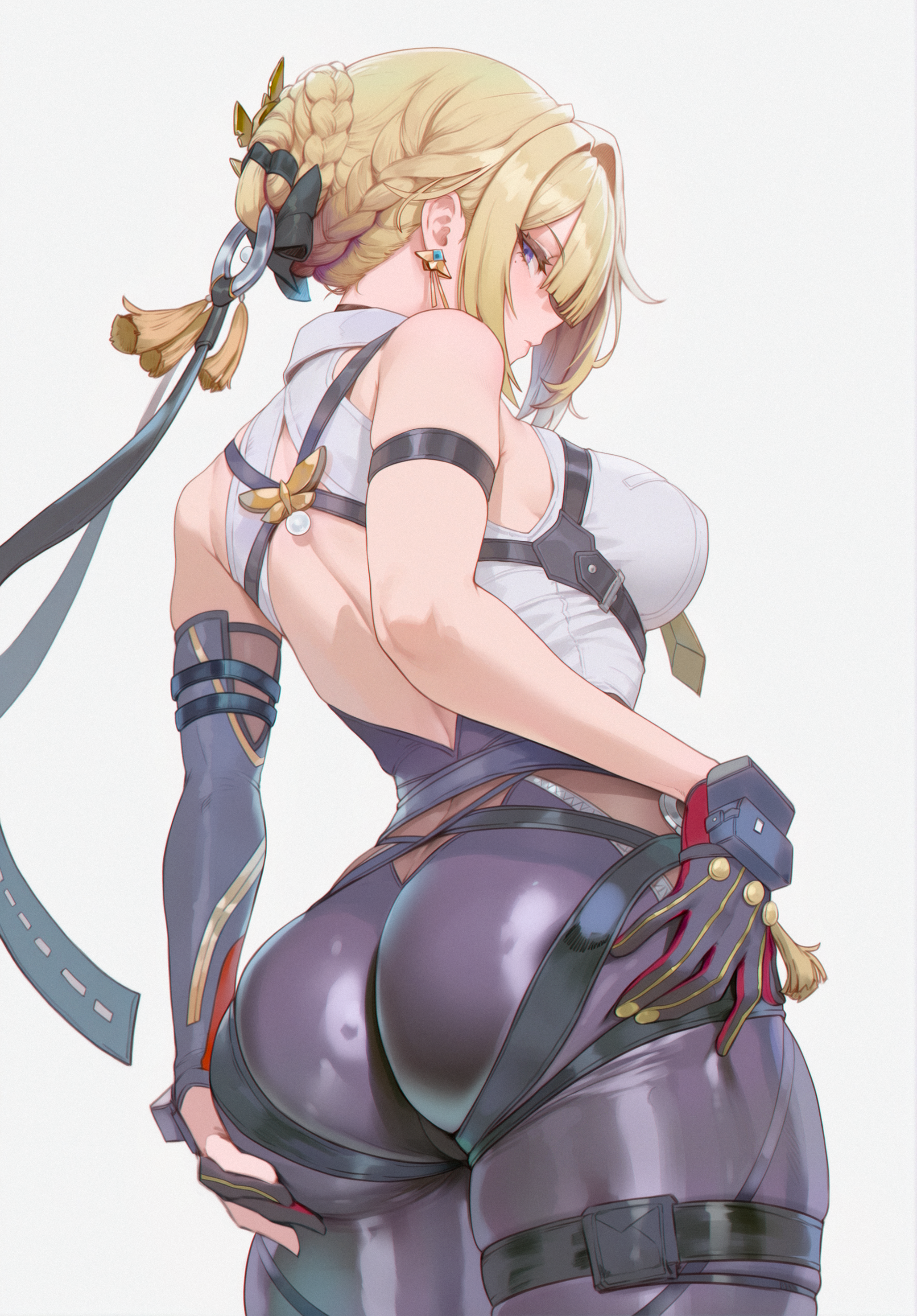 1girls, ai generated, ass, big breasts, blonde female, blonde hair, breasts, clothed, evelyn chevalier, female, female focus, female only, gloves, highres, hoyoverse, looking back, mole under eye, purple eyes, reikarts, round ass, round butt, zenless zone zero