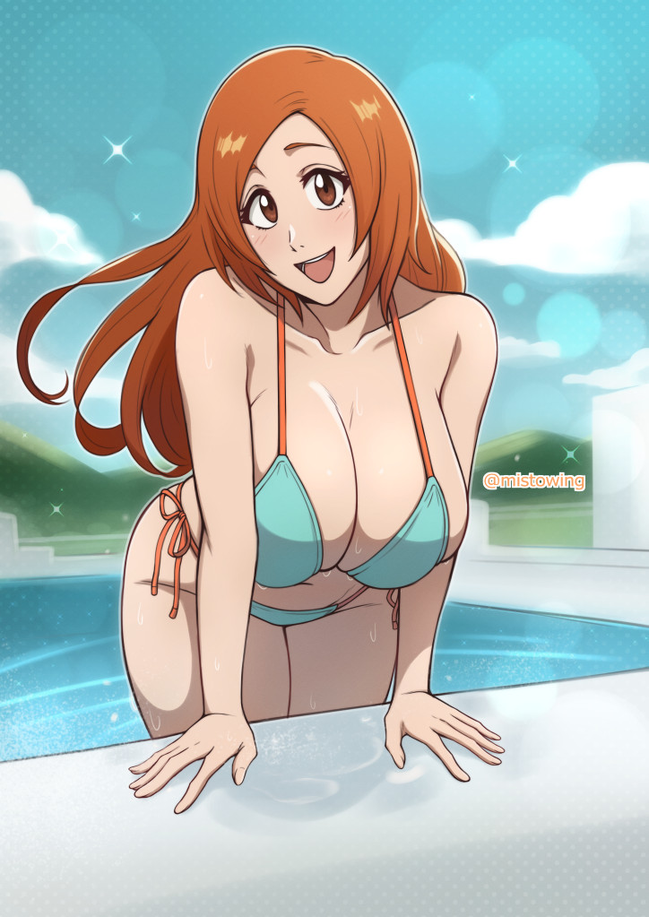 1girls, artist name, bare shoulders, bikini, bleach, breasts, brown eyes, collarbone, female, female focus, female only, happy, inoue orihime, large breasts, legs together, light blush, long hair, looking at viewer, mistowing, open mouth, orange hair, orange-haired female, poolside, solo, sunlight, swimsuit, thighs, water, wet