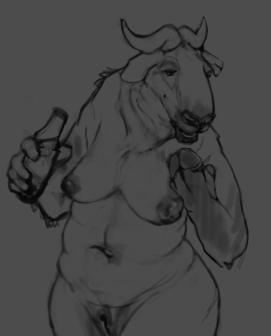 anthro asymmetrical_transformation beverage bottle bovid breasts caprine container female fingers genitals hooved_fingers hooves mammal pussy solo splice_(artist) takin transformation