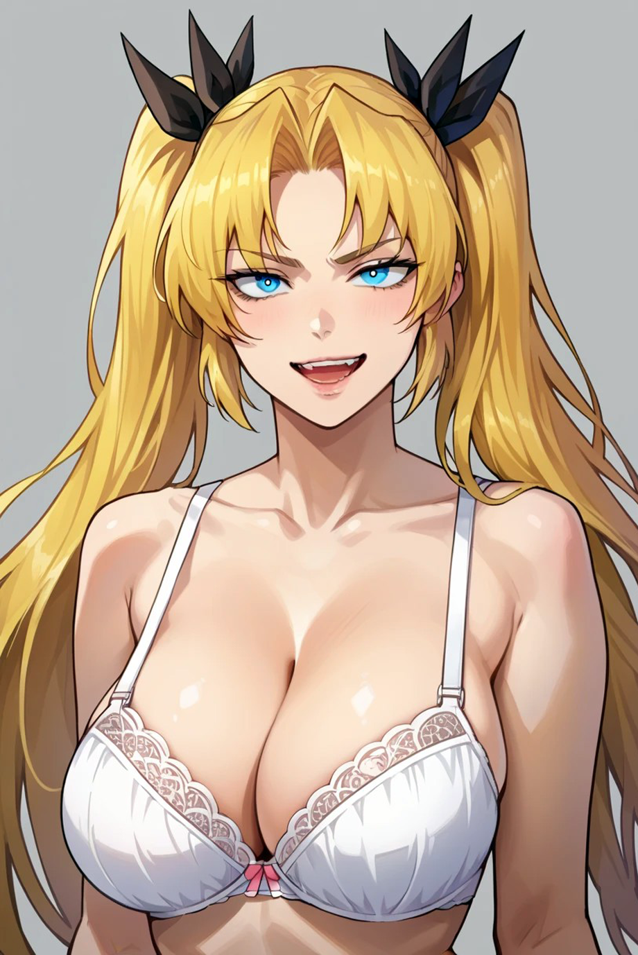 ai_generated bare_shoulders blonde_hair blue_eyes cocky confident gilaruvia large_breasts lo_po_bia_lilial_jahad sole_female tower_of_god twintails white_lingerie
