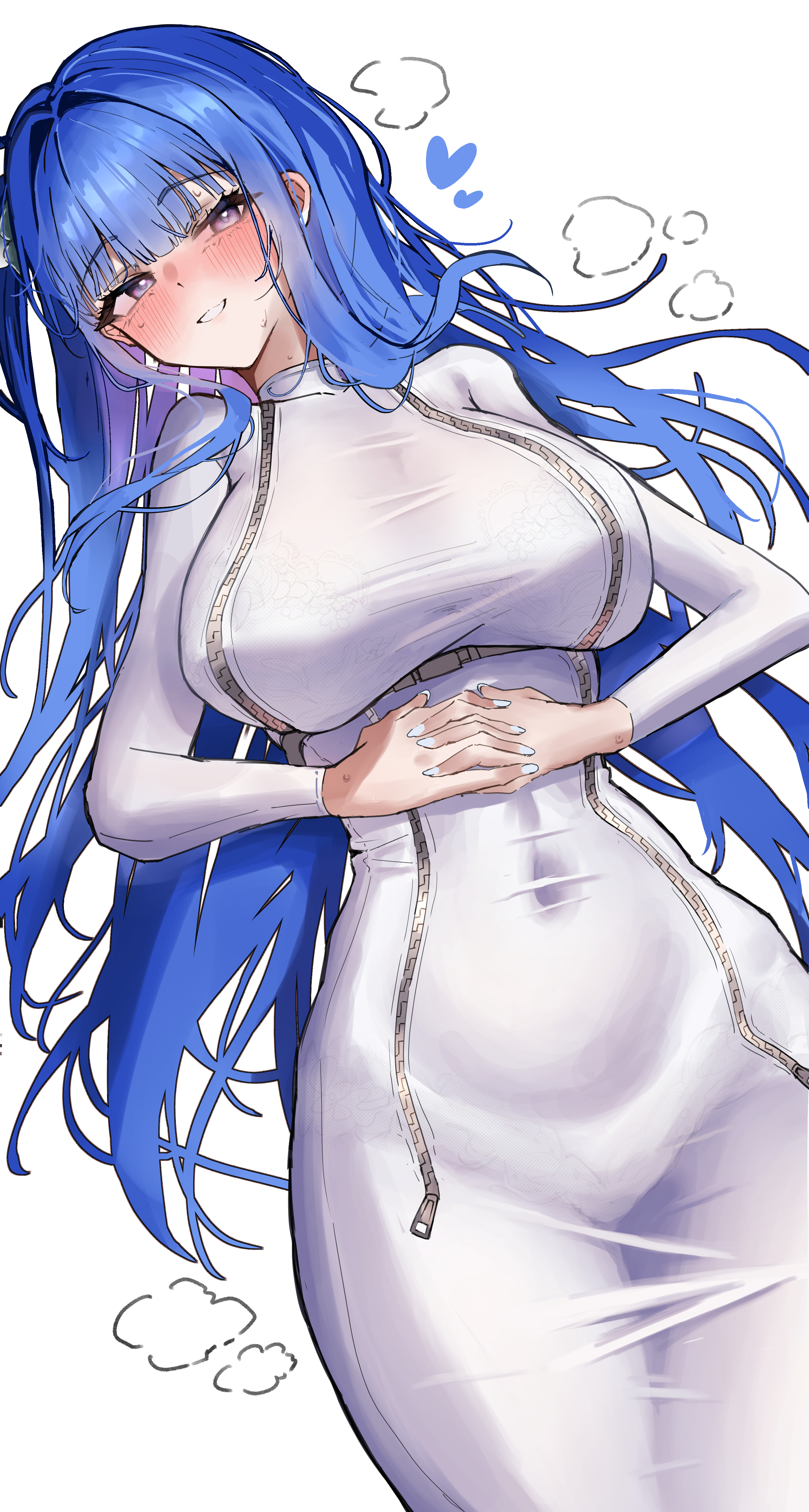 1girls, absurdres, arcana (nikke), blue hair, blunt bangs, blush, breasts, commentary, covered navel, dress, female, female only, fingernails, goddess of victory: nikke, grin, hair intakes, half-closed eyes, hands on own stomach, hands up, heart, highres, interlocked fingers, iwazaki, large breasts, long hair, long sleeves, looking at viewer, lying, nail polish, on back, one side up, own hands together, parted lips, purple eyes, sidelocks, simple background, smile, solo, steaming body, sweat, tight clothes, tight dress, very long hair, white background, white dress, white nails, zipper, zipper dress, zipper pull tab