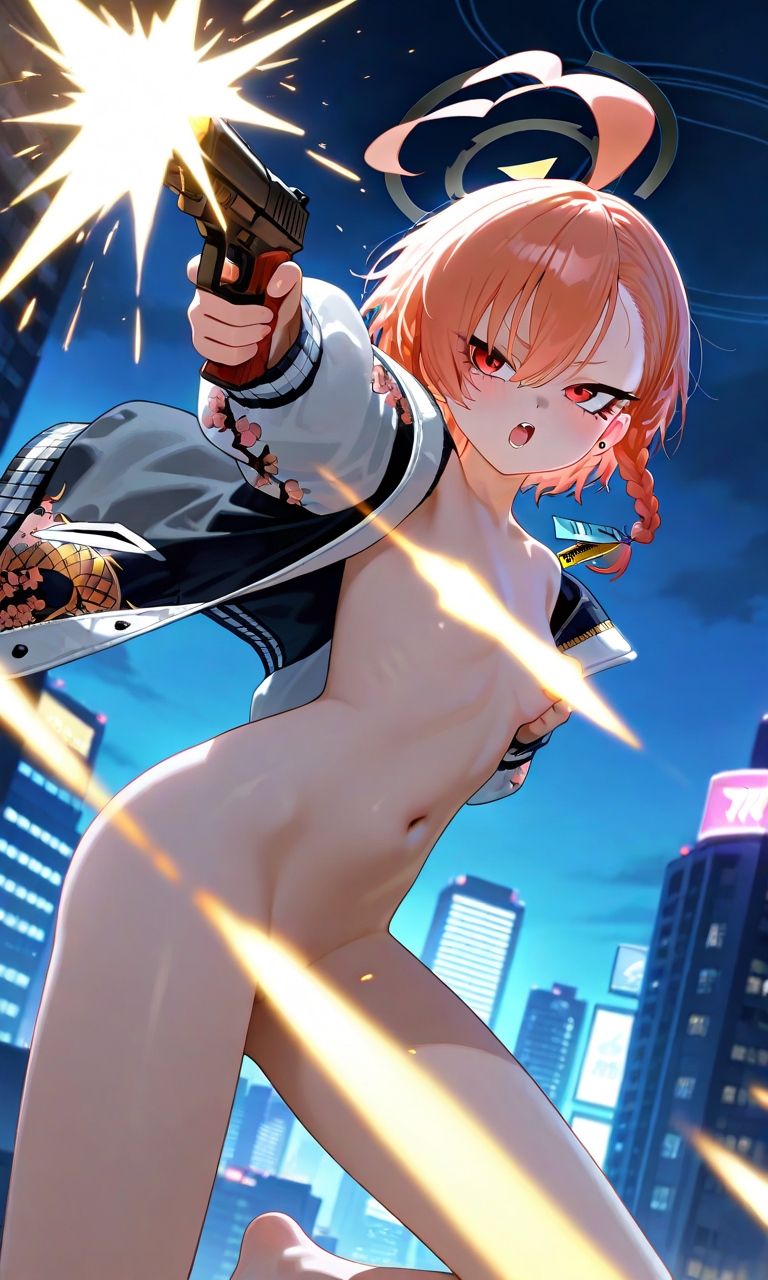 1girls ai_generated blue_archive casual casual_nudity city convenient_censoring exibitionism female gun neru_(blue_archive) night nude nude_female nudity orange_hair red_eyes short_hair shotgun small_breasts smaller_female